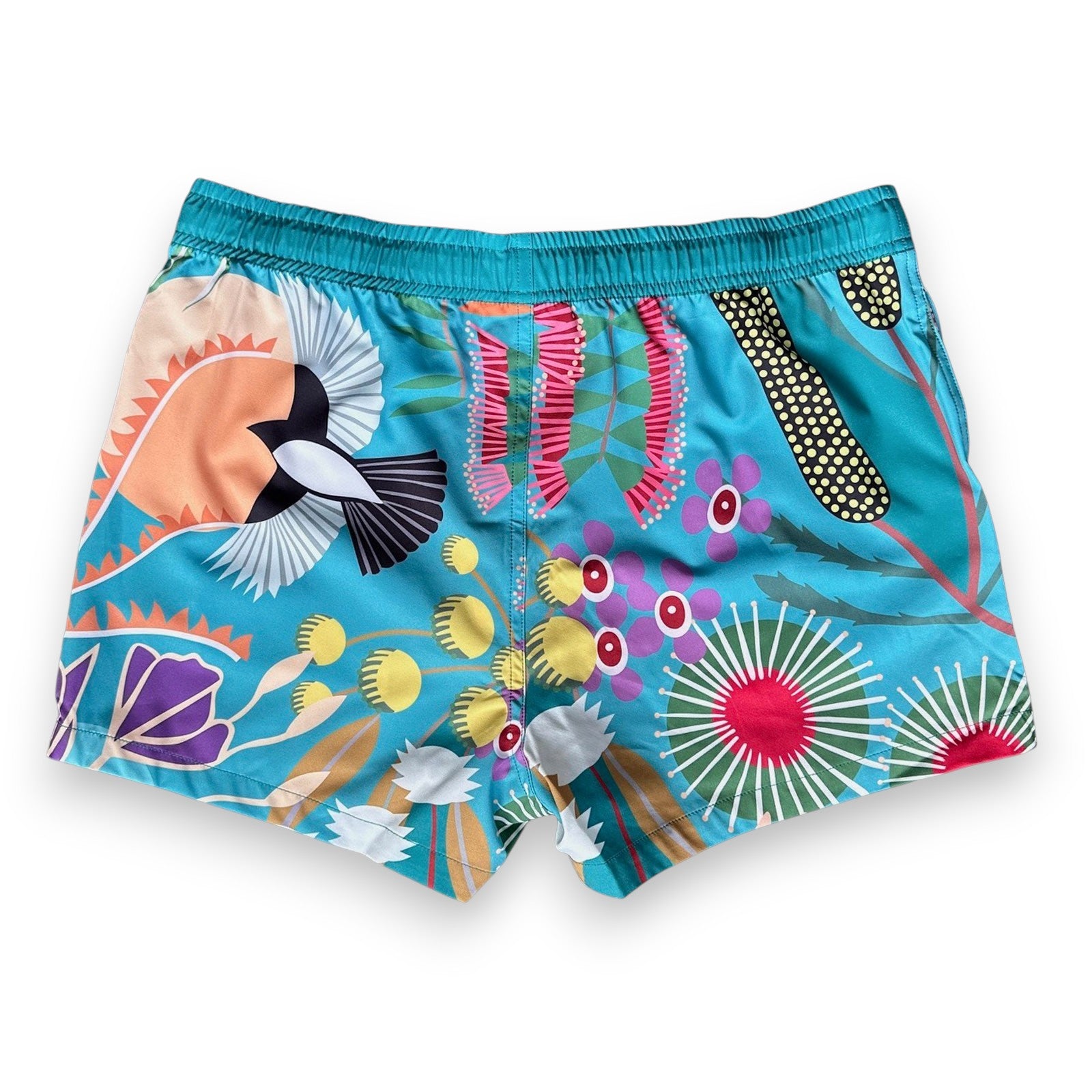 Colourful snd sustainable women's swim shorts with West Australian  flora and fauna designs, made from recycled plastic bottles from South Beach Boardies x Helen Ansell, back view