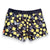 West Australian wattle patterned women's swim shorts with yellow flowers and grey leaves on a dark background, by South Beach Boardies x Helen Ansell, back view