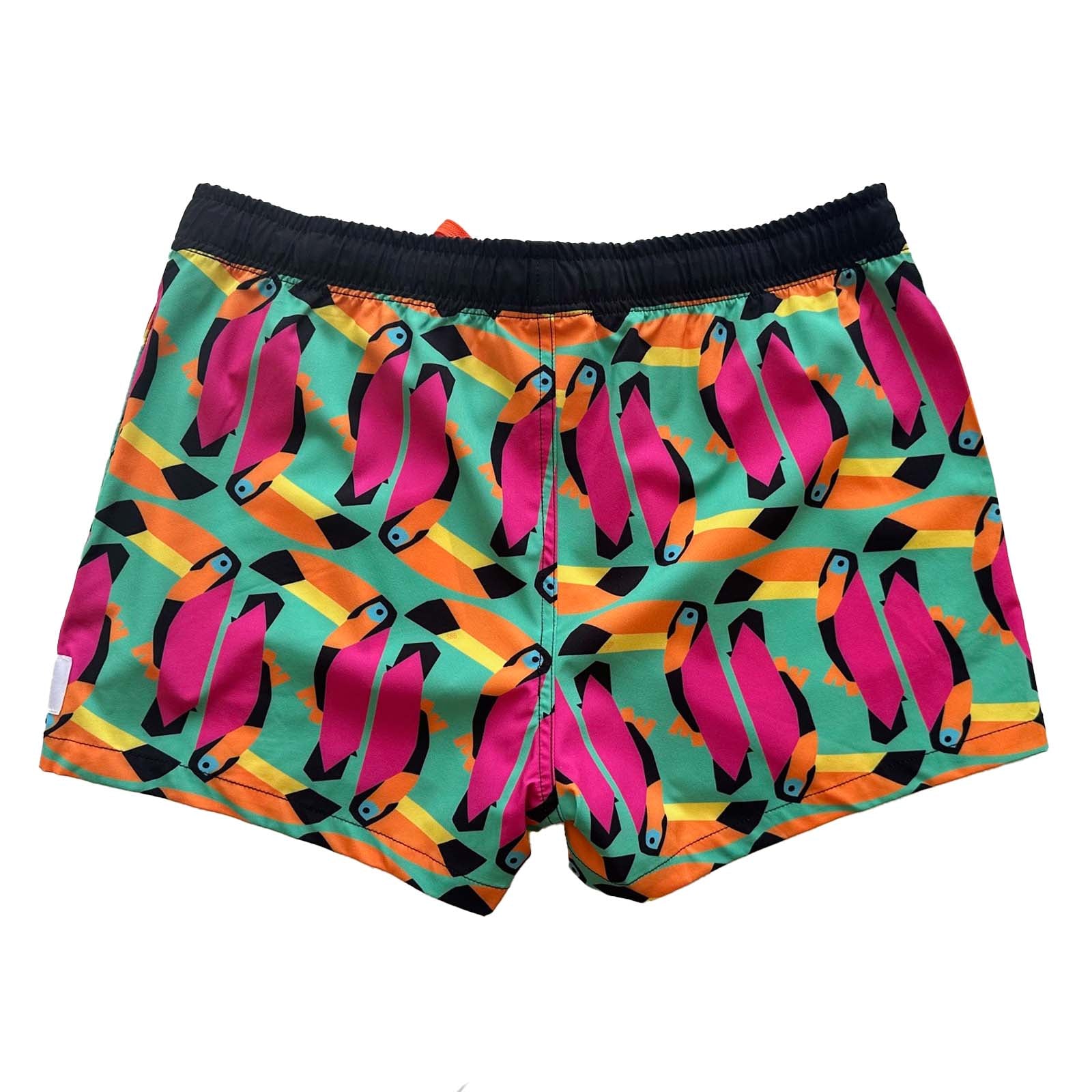 South Beach Boardies sustainable Women's Stretchy Shorts Boardies made from recycled plastic bottles, Toucan print, back view