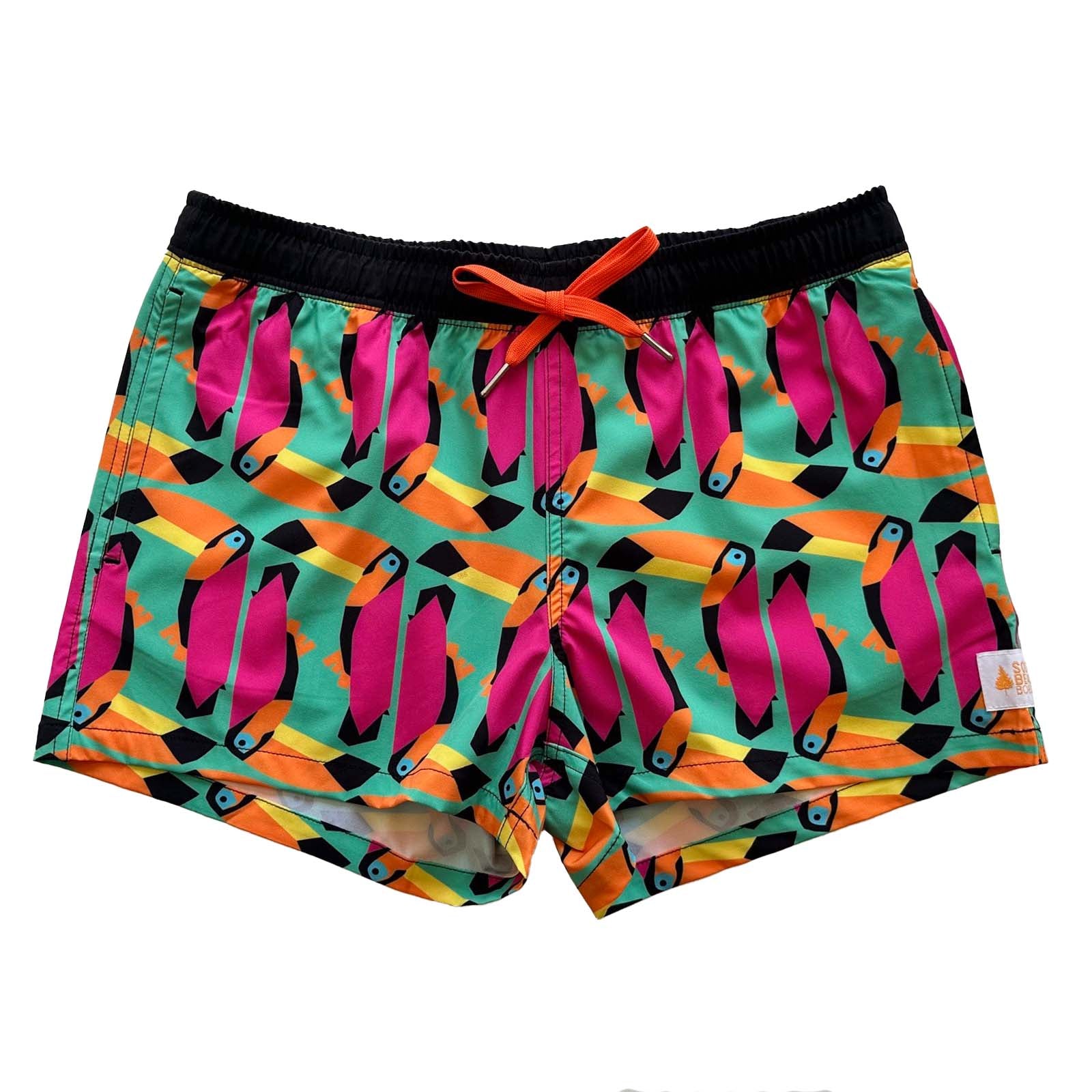 South Beach Boardies sustainable Women's Stretchy Shorts Boardies made from recycled plastic bottles, Toucan print, front view