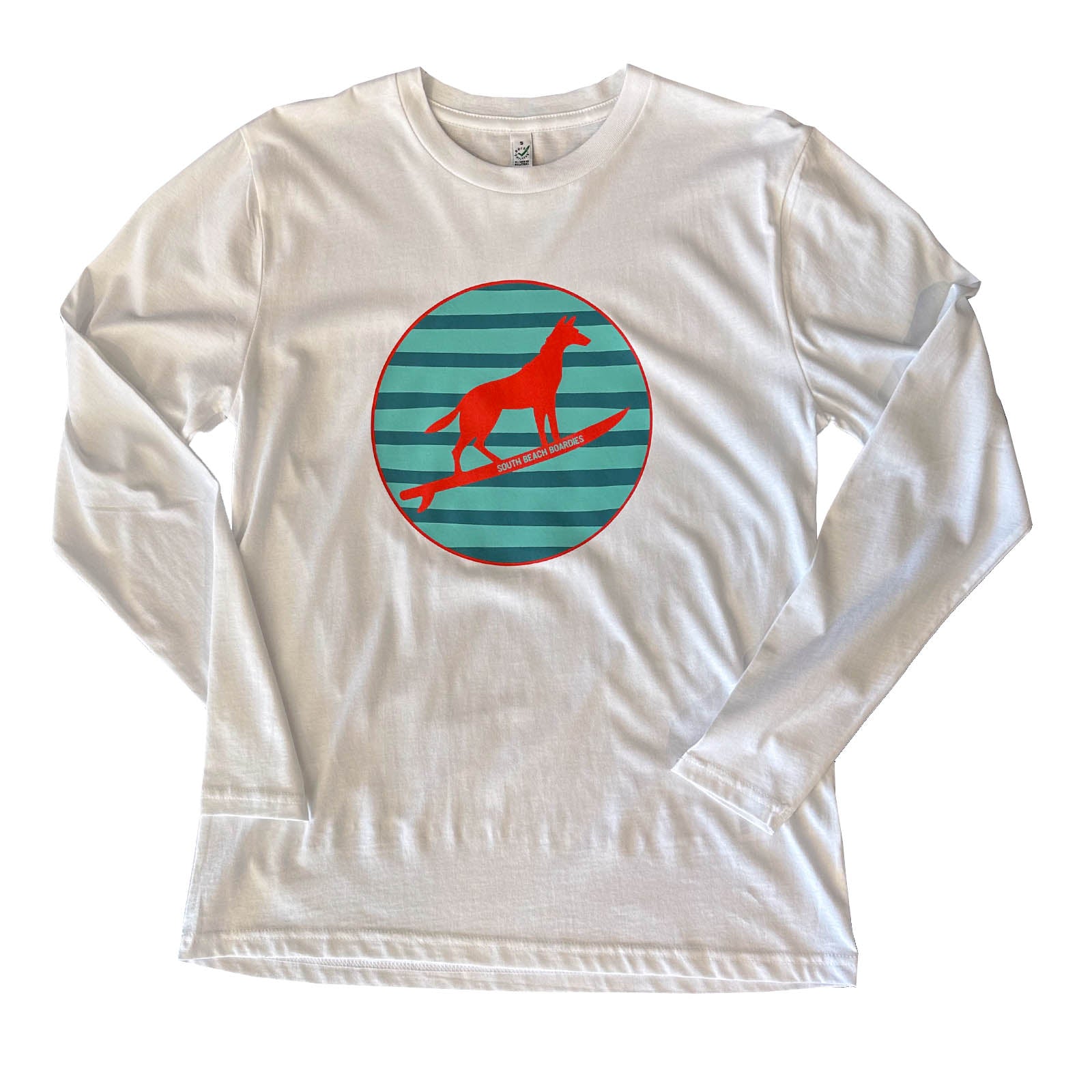 South beach boardies Long Sleeve Organic Cotton Surfing Dingo Tshirt Unisex, size chart