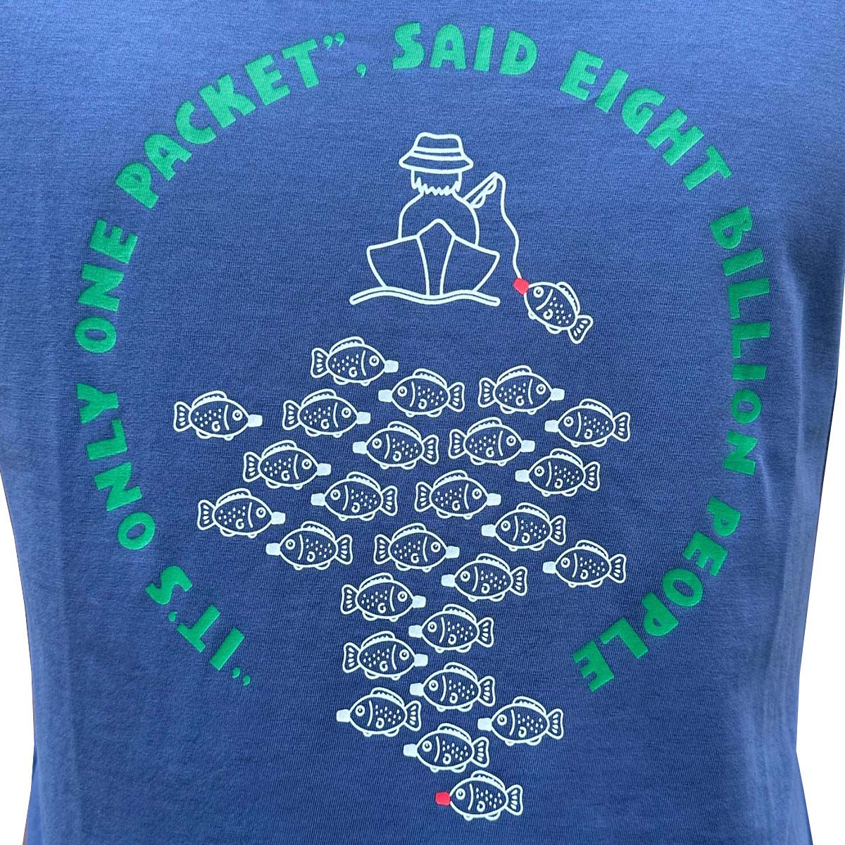 Blue t-shirt with white graphic and text on a blue background