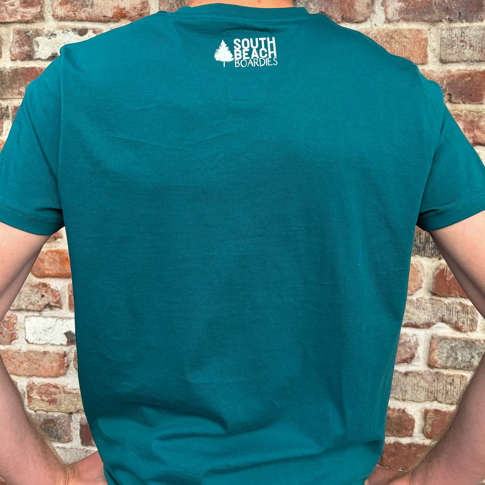 Unisex Organic Cotton Tshirt Rays Plastic Free Seas Please, by South Beach Boardies, back view showing logo