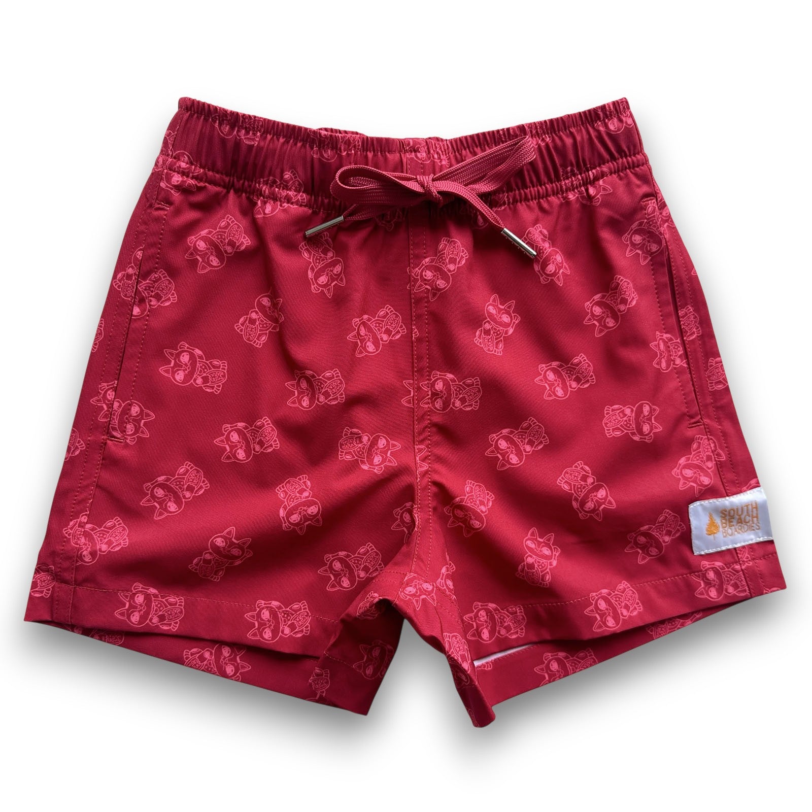 South Beach Boardies KIDS Stretchy Trunks made from recycled plastic bottles, LUCKY CAT print front VIEW