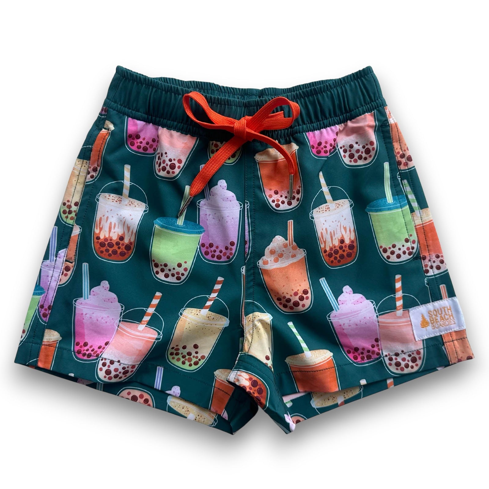 South Beach Boardies KIDS Stretchy Trunks made from recycled plastic bottles, BOBA PRINT front view