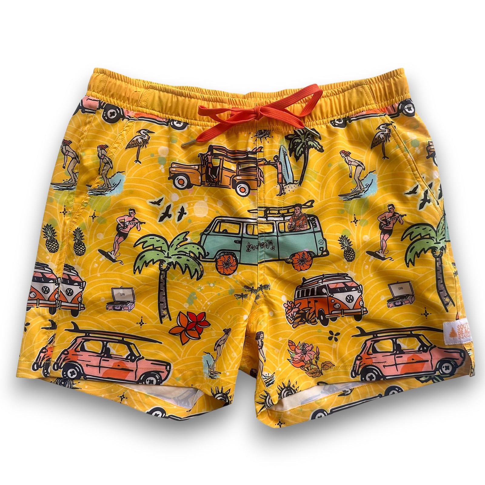South Beach Boardies Mens Stretchy Trunks made from recycled plastic bottles, YELLOW KOMBI print, front view