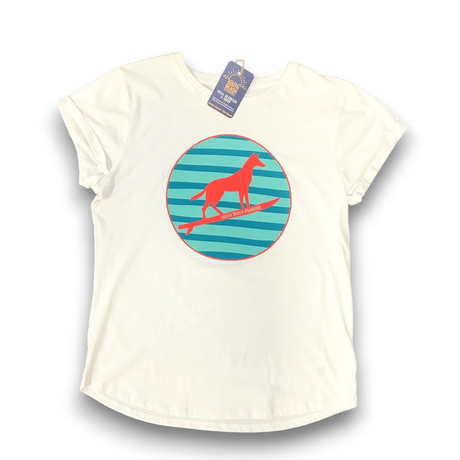 White t-shirt with a graphic of a Fremantle red dingo on a surfboard against striped background, on a white background, ethically made by South Beach Boardies