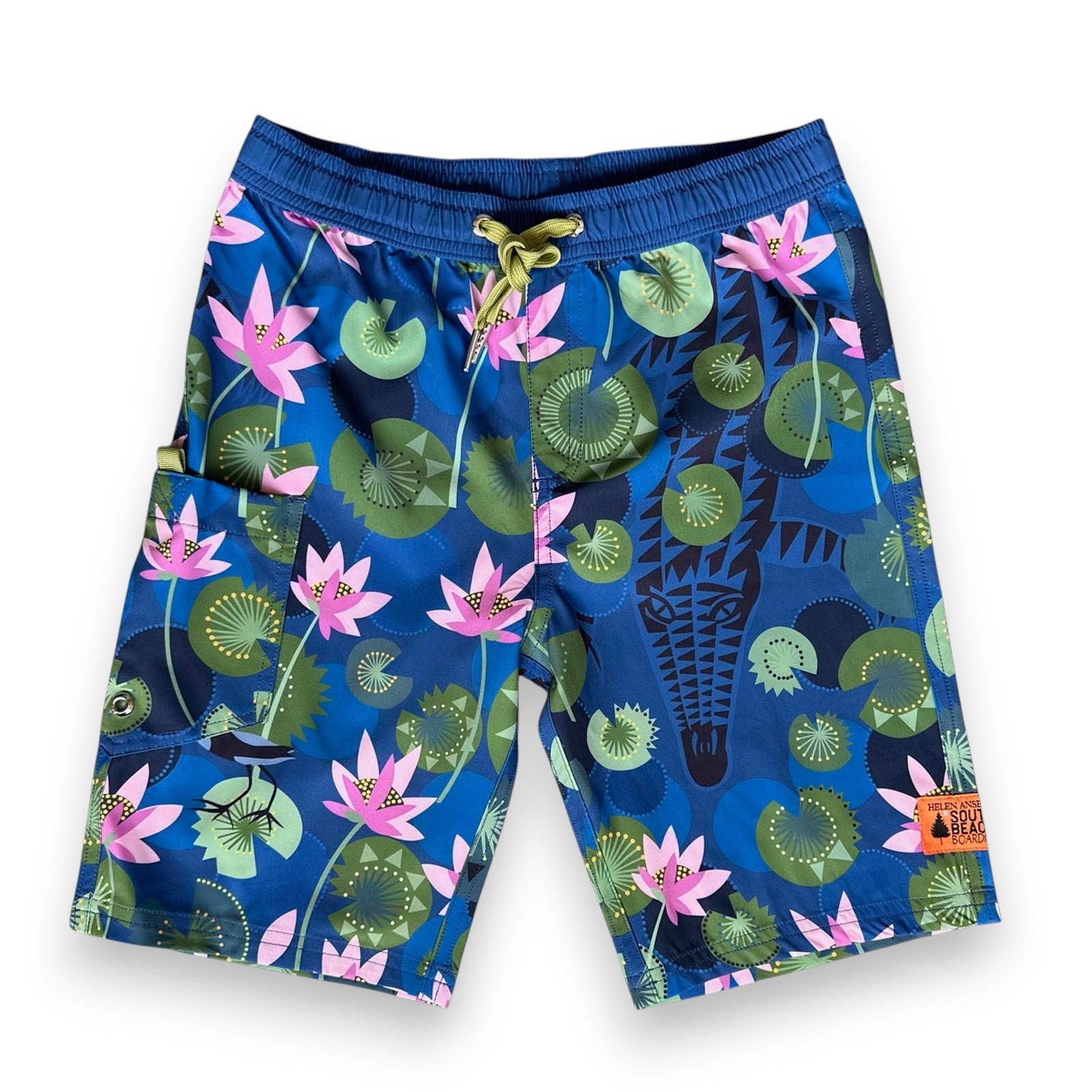 South Beach Boardies Kids Long Board Shorts in Crocodile print made from recycled plastic bottles, front copy