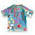Colorful children's Rashie from recycled plastic bottles with a bird and floral design on a blue background, made by South Beach Boardies x Helen Ansell, back view