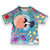 Colorful children's Rashie from recycled plastic bottles with a bird and floral design on a blue background, made by South Beach Boardies x Helen Ansell, front view