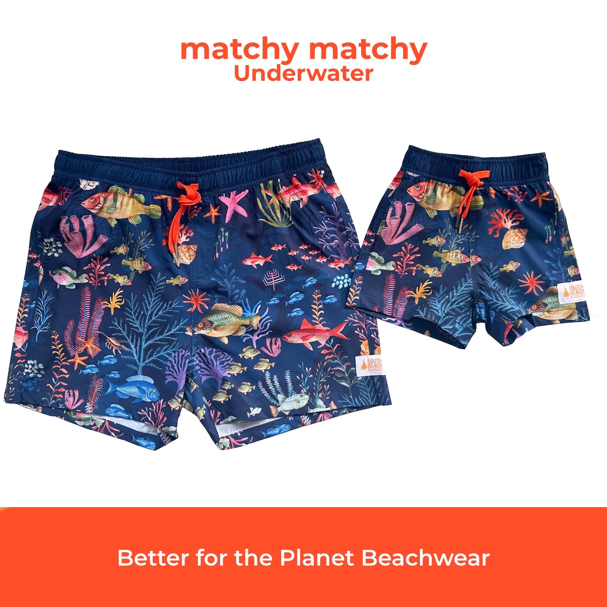 Matching Mens and Kids Underwater Print Stretchy Trunks made from Recycled Plastic Bottles, by South Beach Boardies, Showing fish, corals, underwater scene