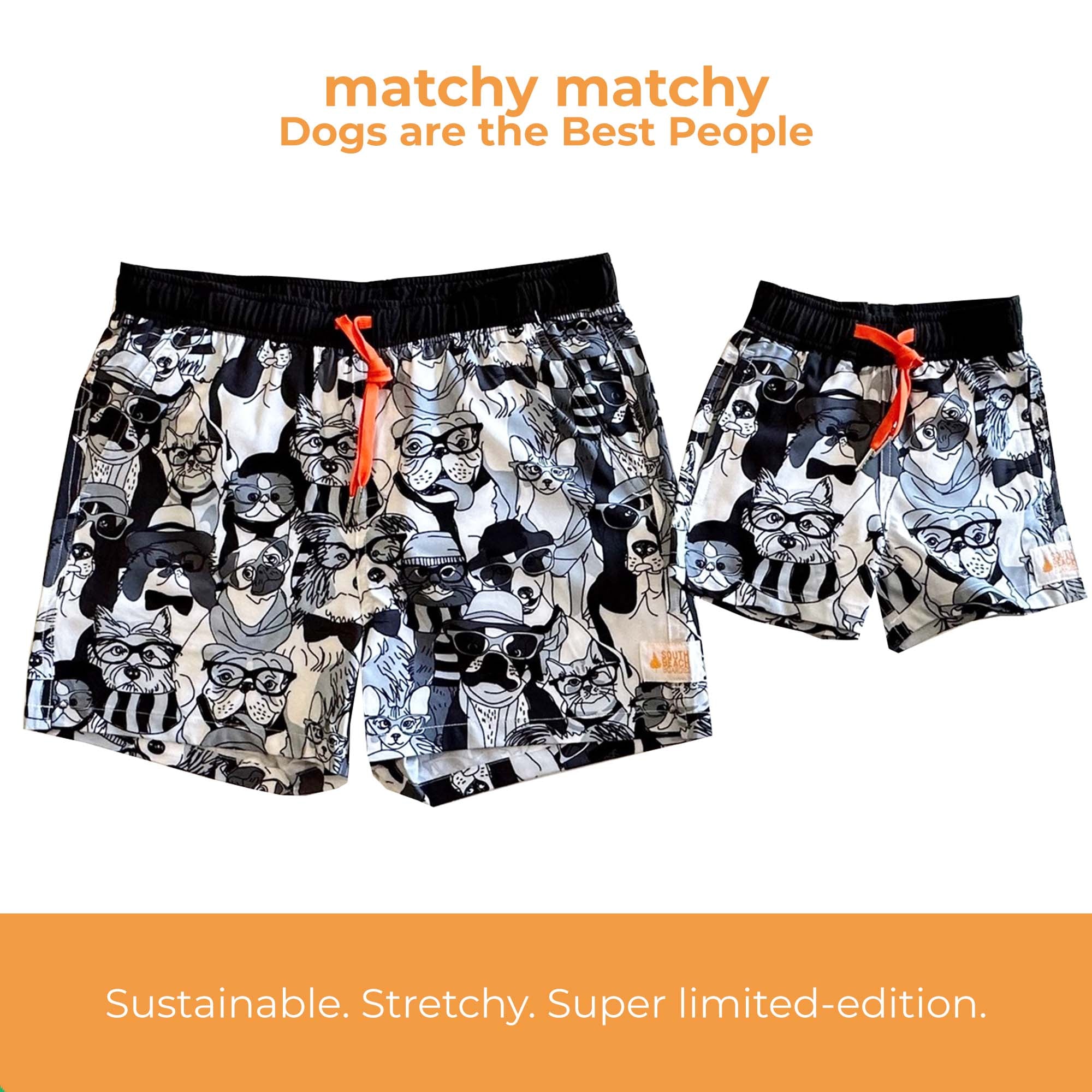 Dogs are the best people print, matching kids and dads sustainable boardies made from recycled plastic bottles by South Beach Boardies