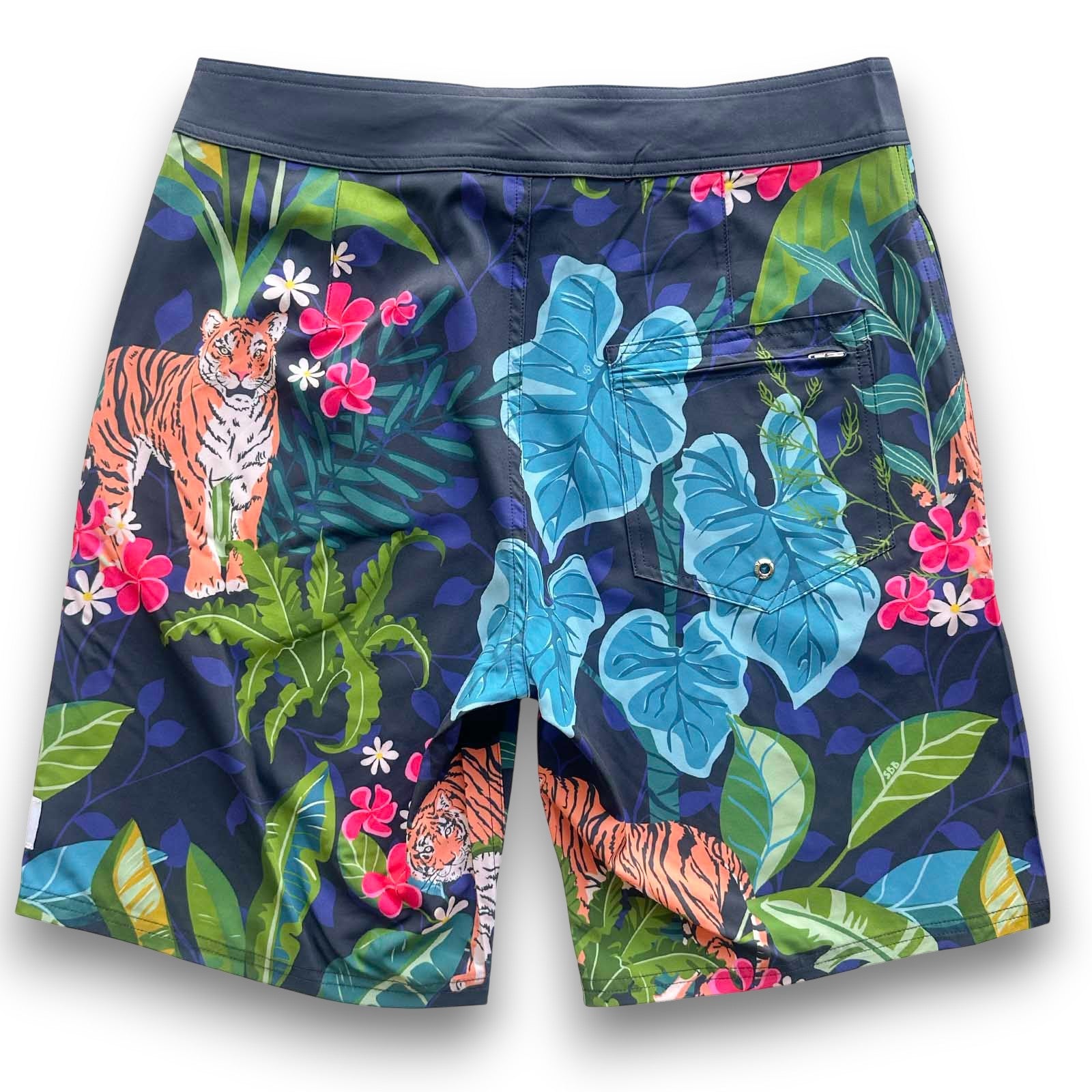 South Beach Boardies Mens Surfer Board Shorts in colourful Easy Tiger print made from recycled plastic bottles, oback view