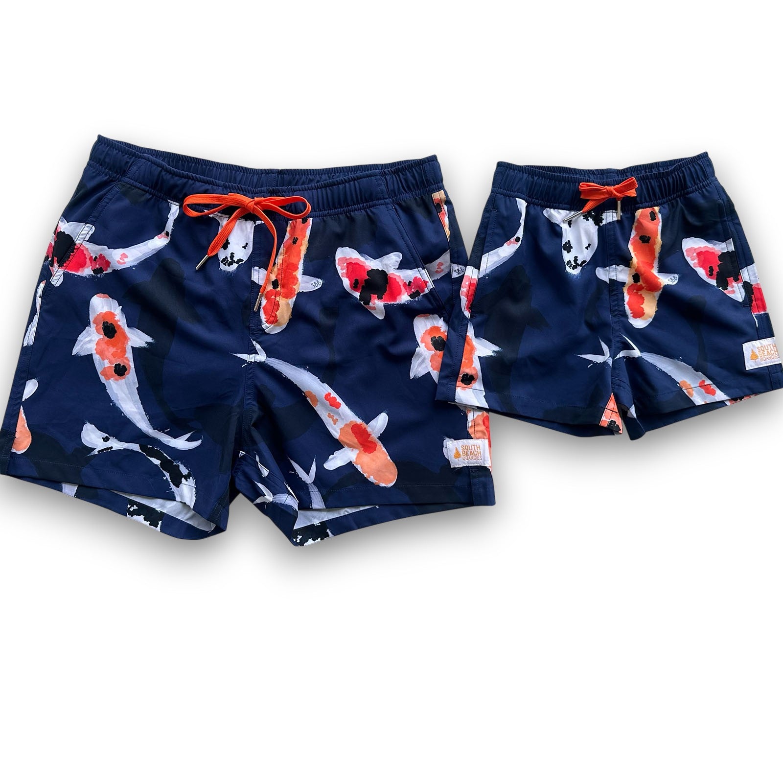 Matching Mens and Kids Recycled Stretchy Trunks in Feelin'Koi print, from South Beach Boardies matchy matchy collection