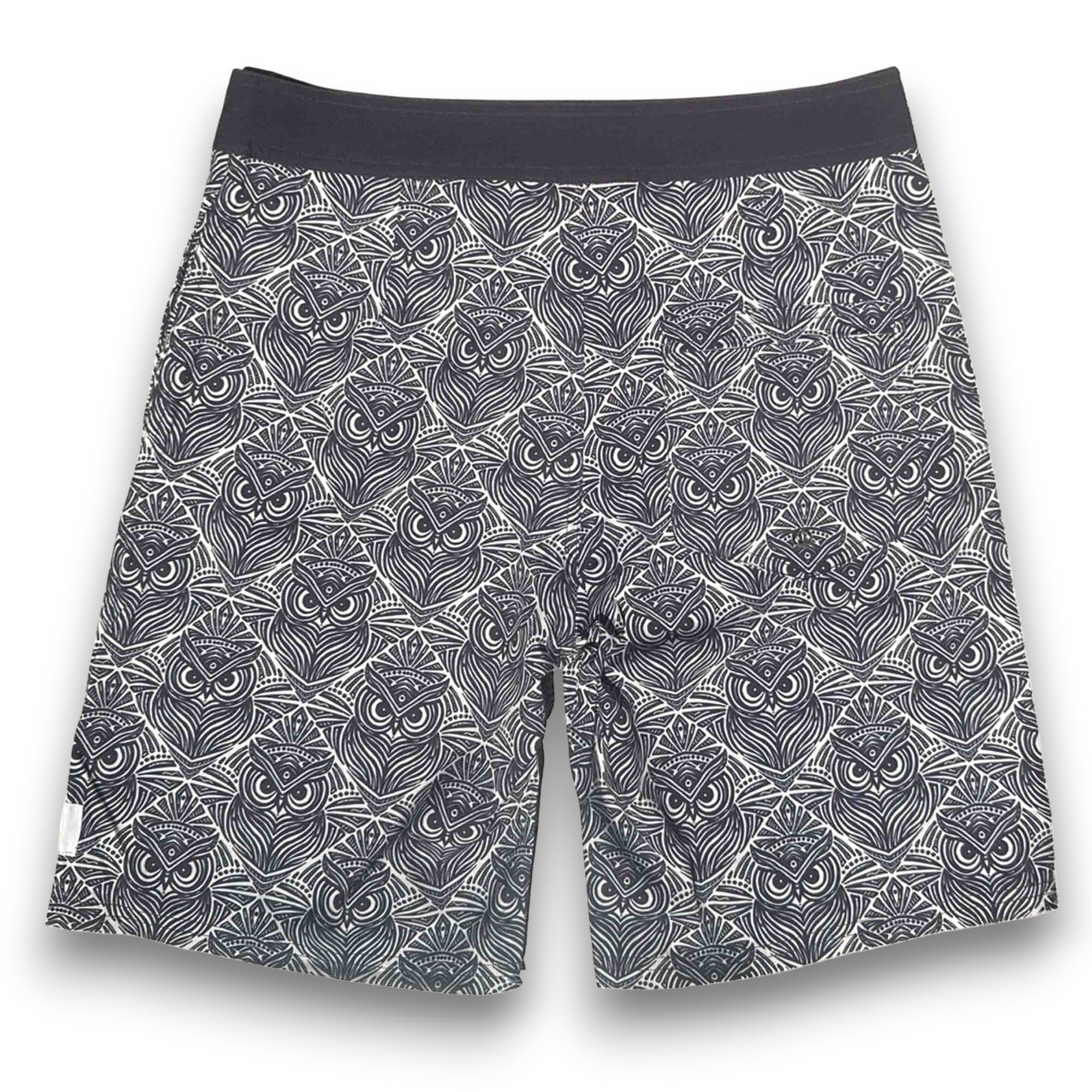Mens Surfer Boardies made by South Beach Boardies from Recycled Plastic Bottles, Owl print, back view