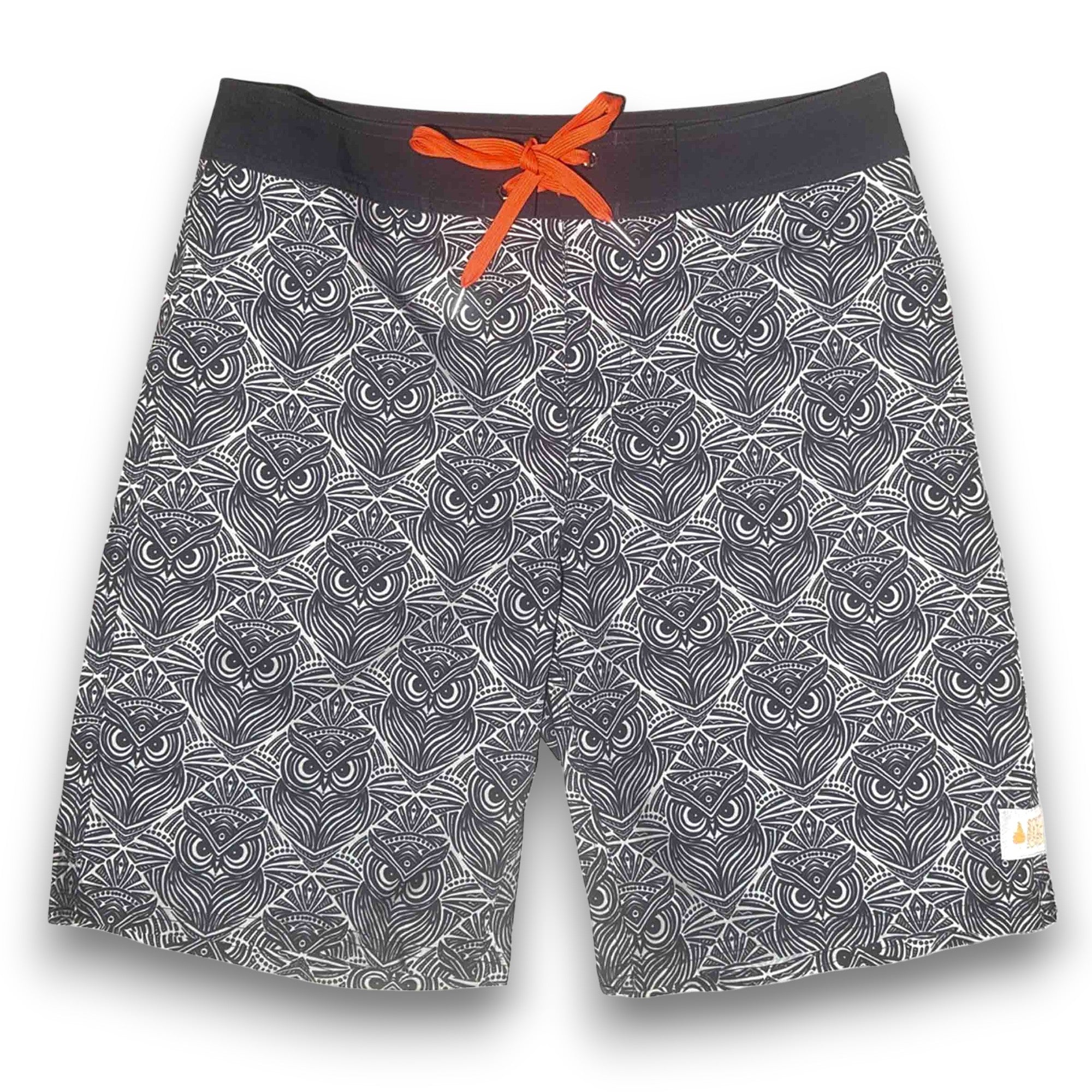 Mens Surfer Boardies made by South Beach Boardies from Recycled Plastic Bottles, Owl print, front view