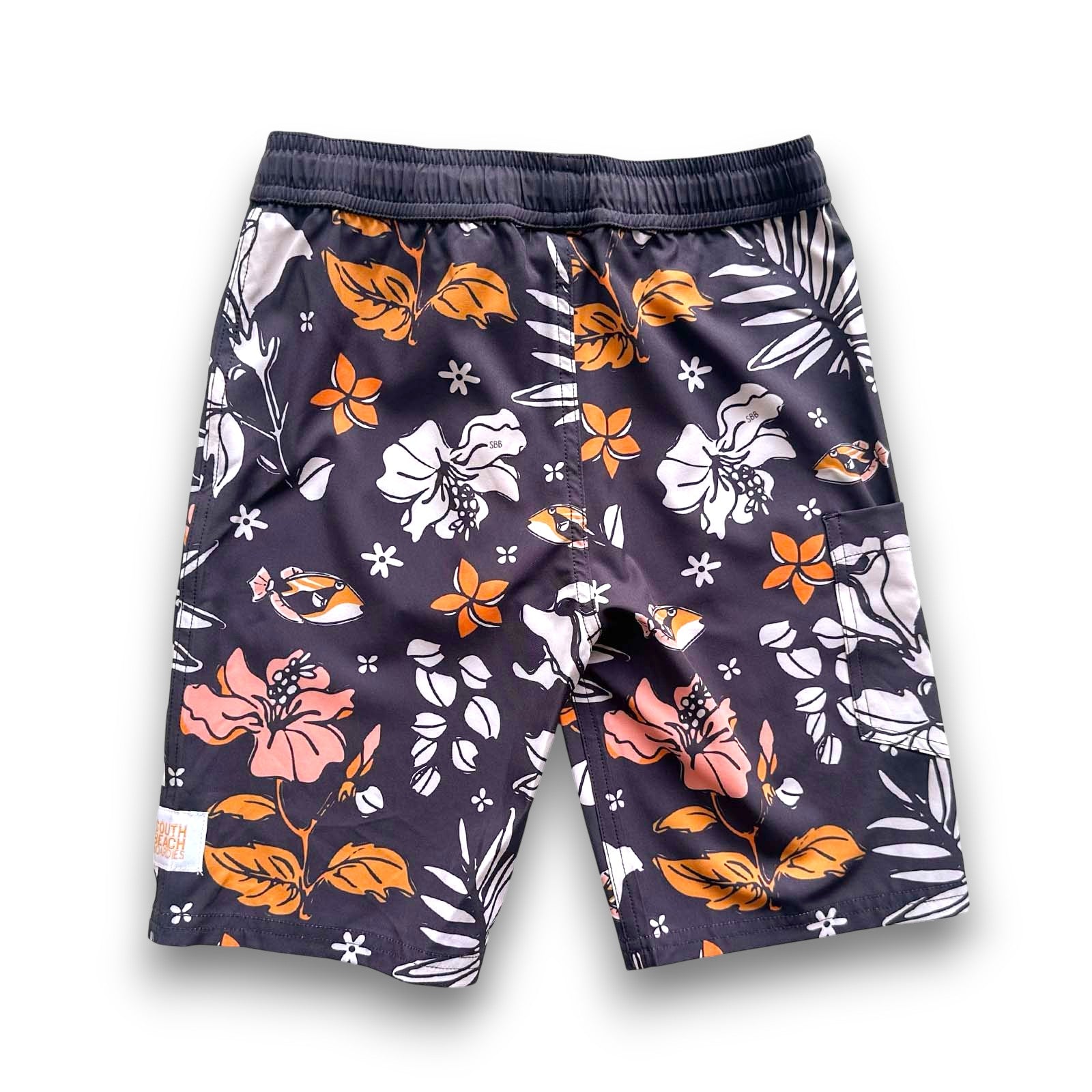 South Beach Boardies Kids Long Board Shorts in Surfer Rosa print made from recycled plastic bottles, back view
