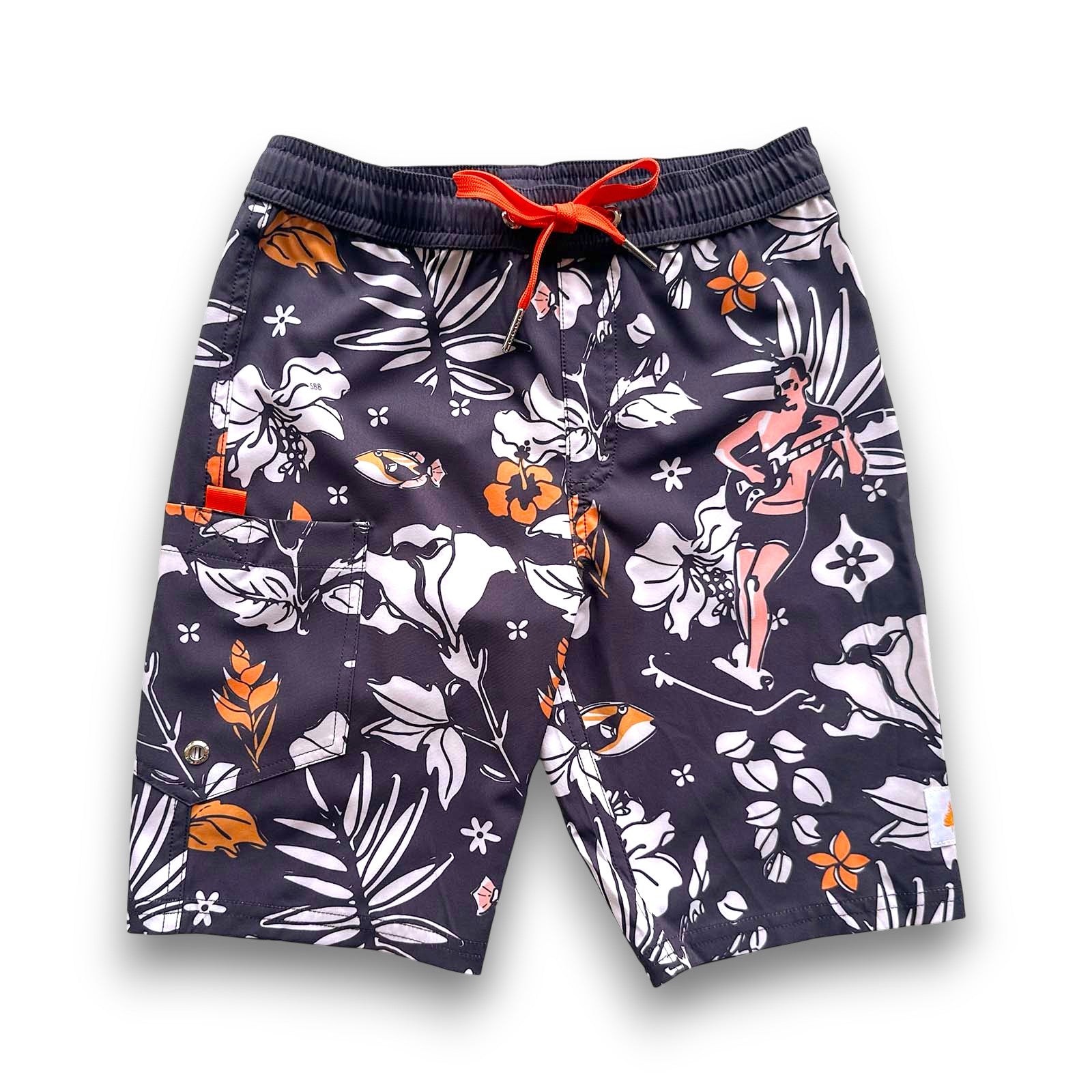 South Beach Boardies Kids Long Board Shorts in Surfer Rosa print made from recycled plastic bottles, front view, orange drawstring
