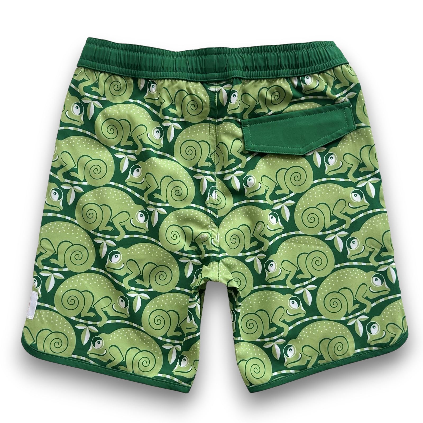 South Beach Boardies Kids Retro Piping Boardies made from recycled plastic bottles, Chameleon print, back view