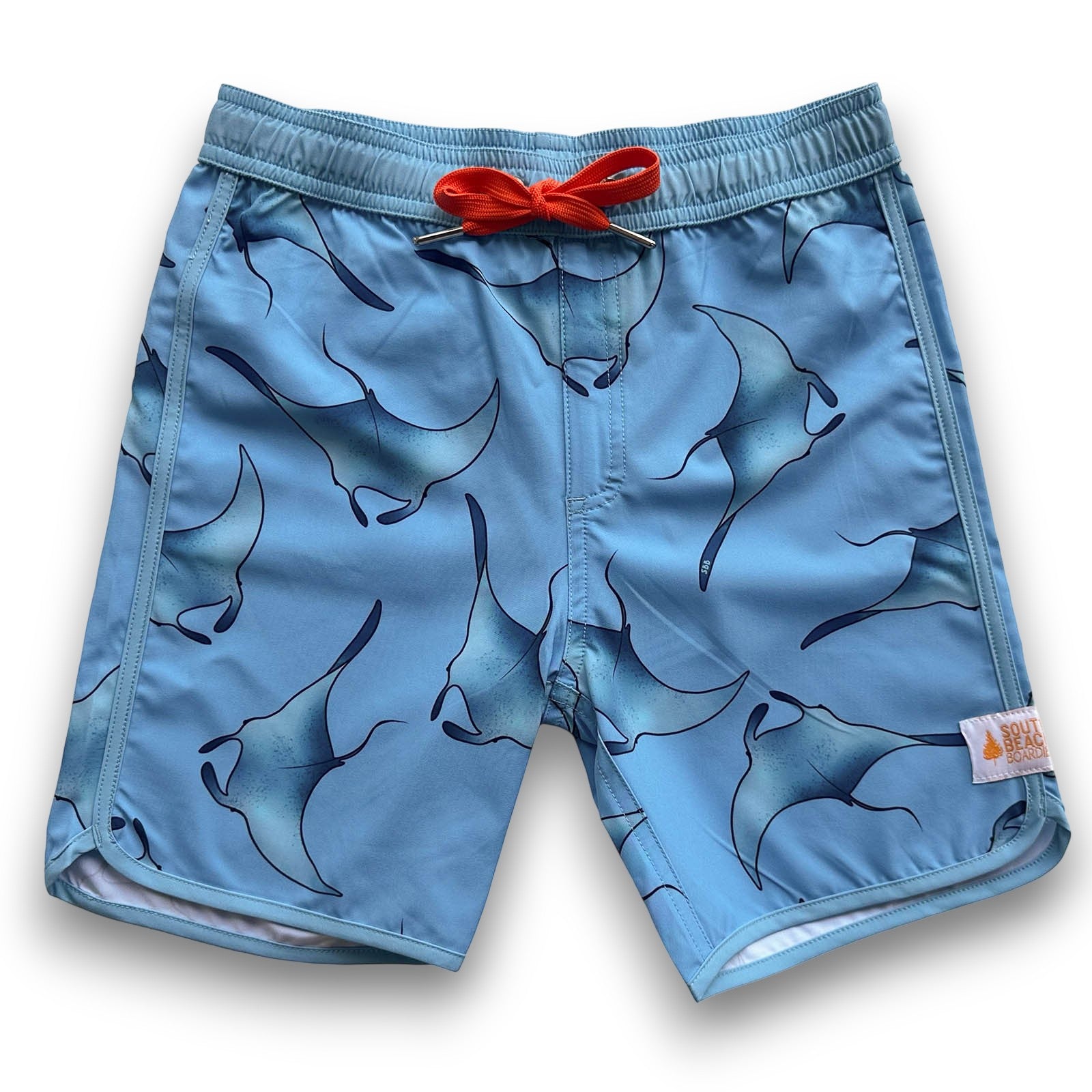 South Beach Boardies Kids Retro Piping Boardies made from recycled plastic bottles, Manta Rays print, front view., orange drawstring