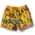 South Beach Boardies Kids Stretchy Trunks made from recycled plastic bottles, Yellow Kombi print, back view, hawaiian elvis peeks out of green kombi