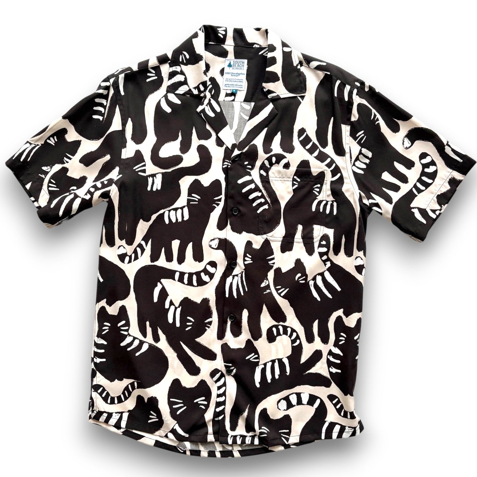 Black and white patterned shirt with cat design on a pale background, South Beach Boardies Men's Cubano Shirt made from Eucalyptus Tencel in Night Cat print, front view