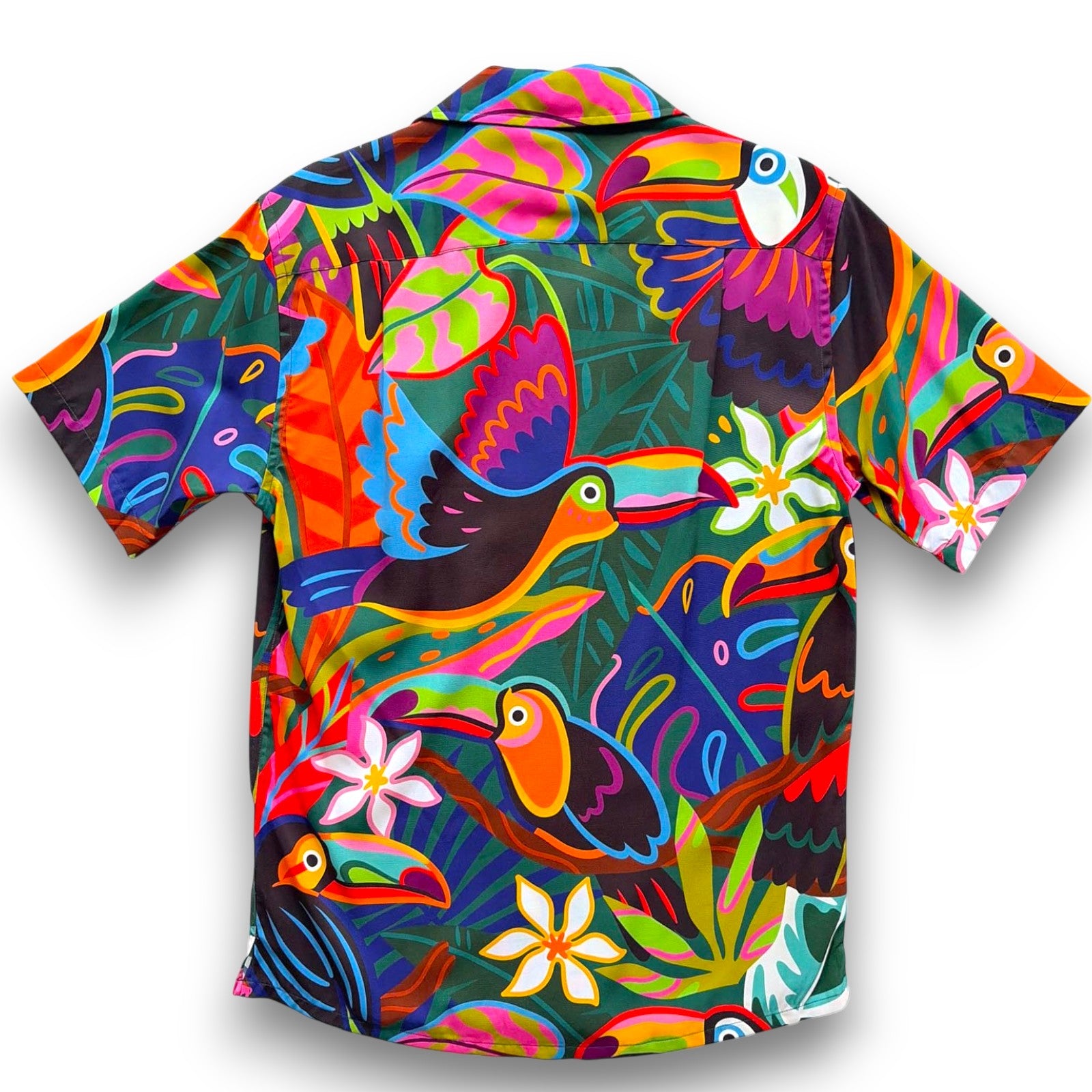 Colorful tropical shirt with toucan design on a white background, South Beach Boardies Men's Cubano Shirt made from Eucalyptus Tencel in Tropika print, backview