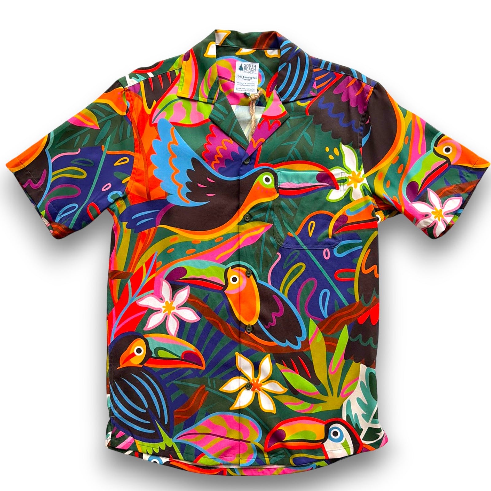 Colorful tropical shirt with toucan design on a white background, South Beach Boardies Men's Cubano Shirt made from Eucalyptus Tencel in Tropika print, front