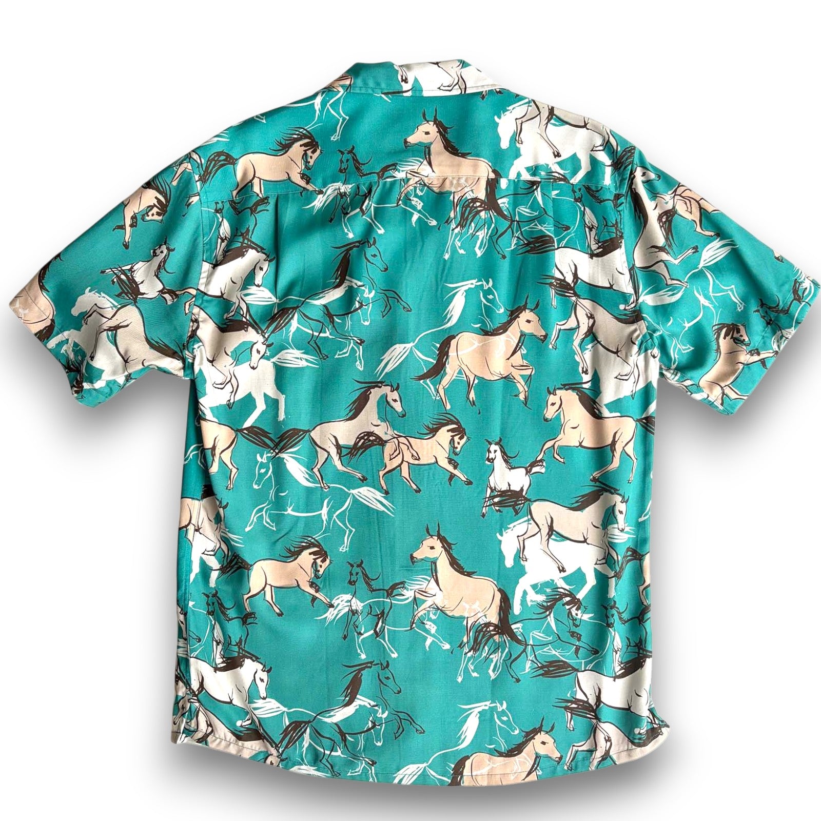 South Beach Boardies Men's Cubano Shirt made from Eucalyptus Tencel in Wild Horses print, back view, wild horses running on blue background