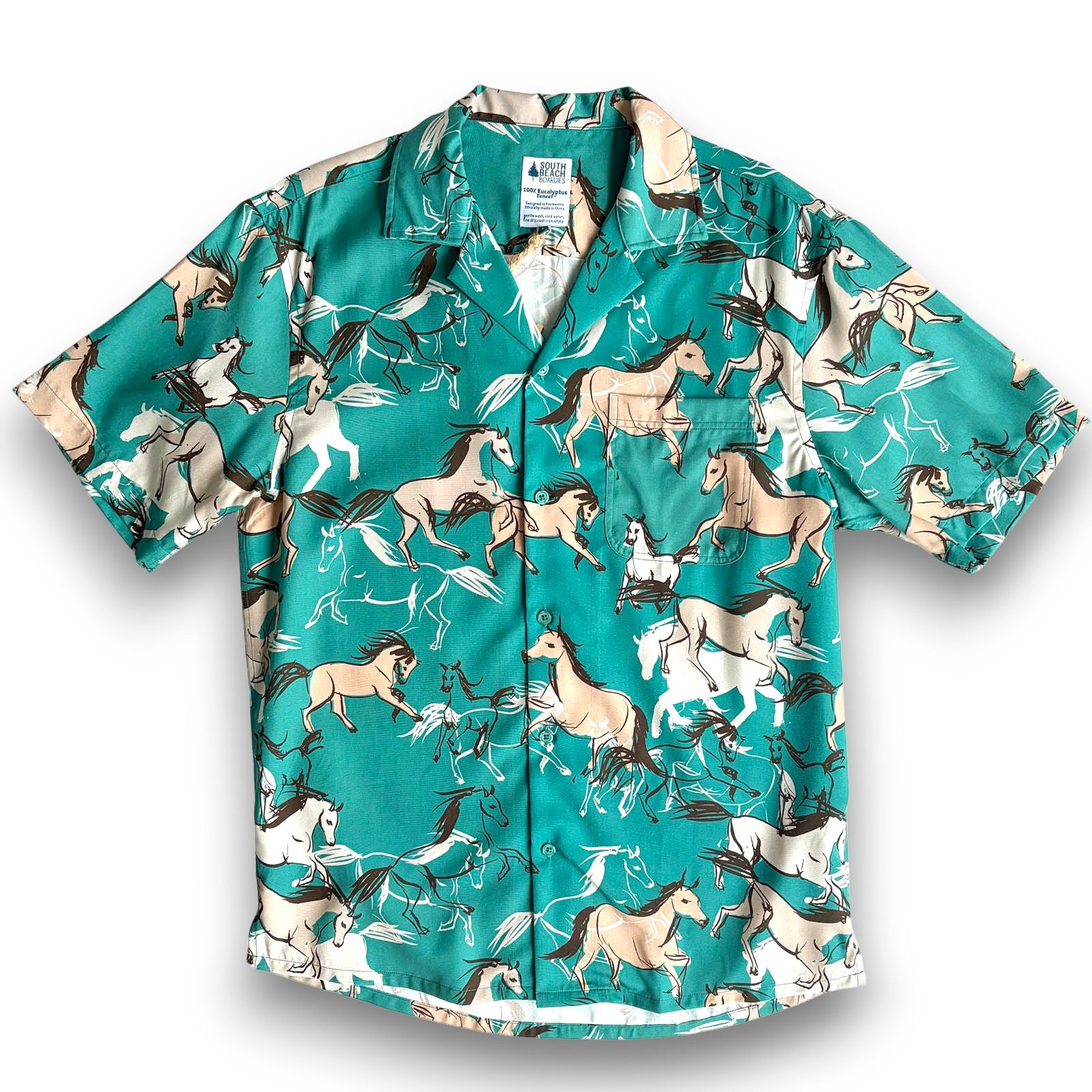 South Beach Boardies Men's Cubano Shirt made from Eucalyptus Tencel in Wild Horses print, front view, running horses on blue background