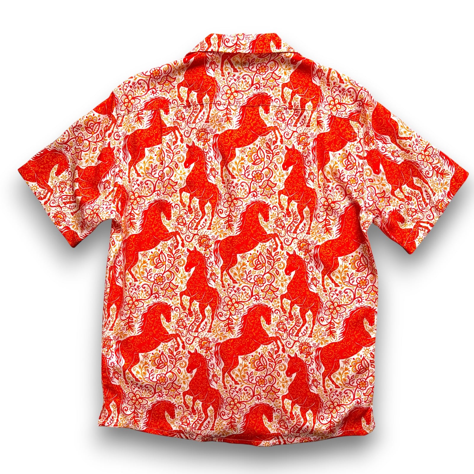 South Beach Boardies Men's Eucalyptus Tencel Cubano shirt in Show Pony, back view, showing red horses dancing on a gold, red and white floral background