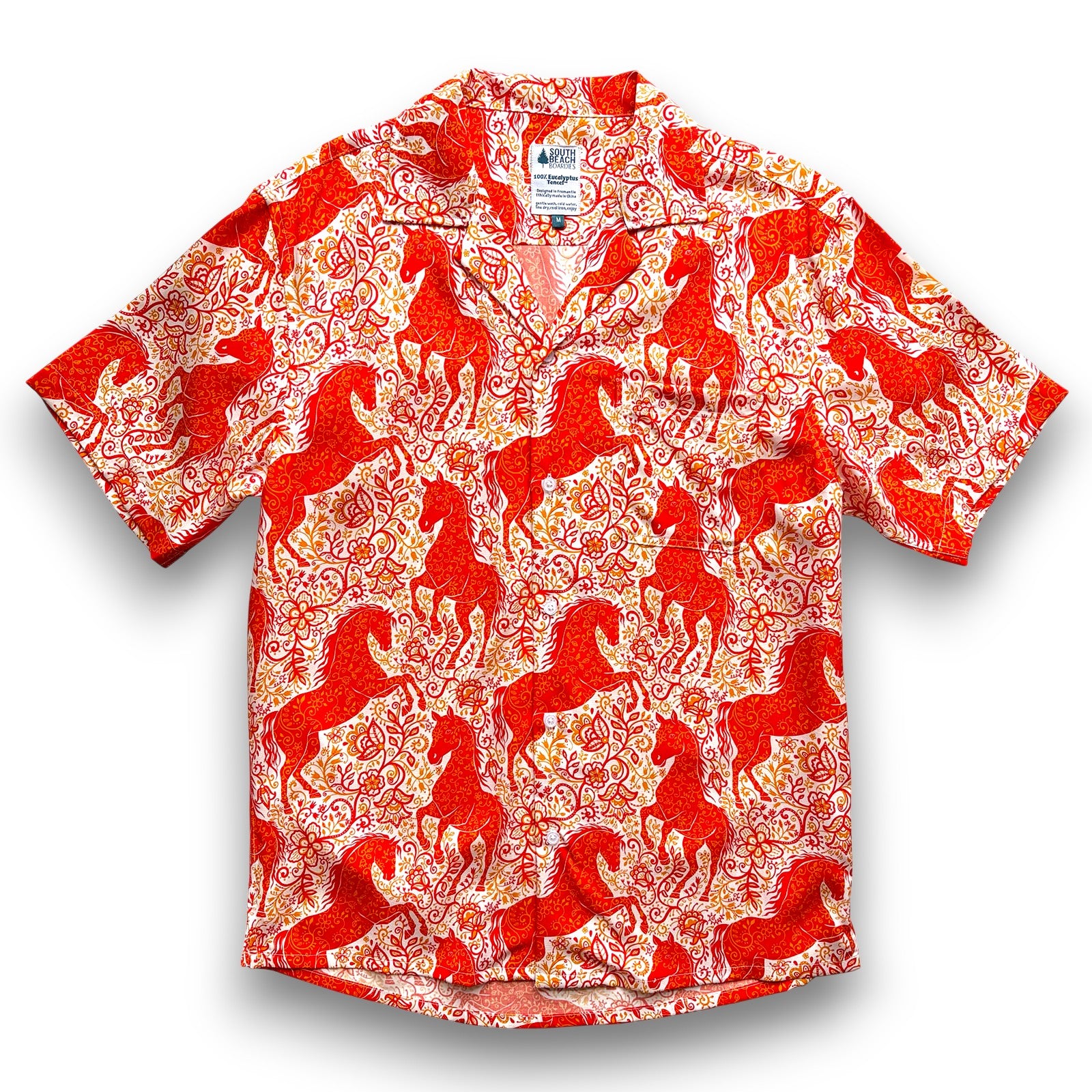 South Beach Boardies Men's Eucalyptus Tencel Cubano shirt in Show Pony, front view, showing red horses dancing on a gold, red and white floral background