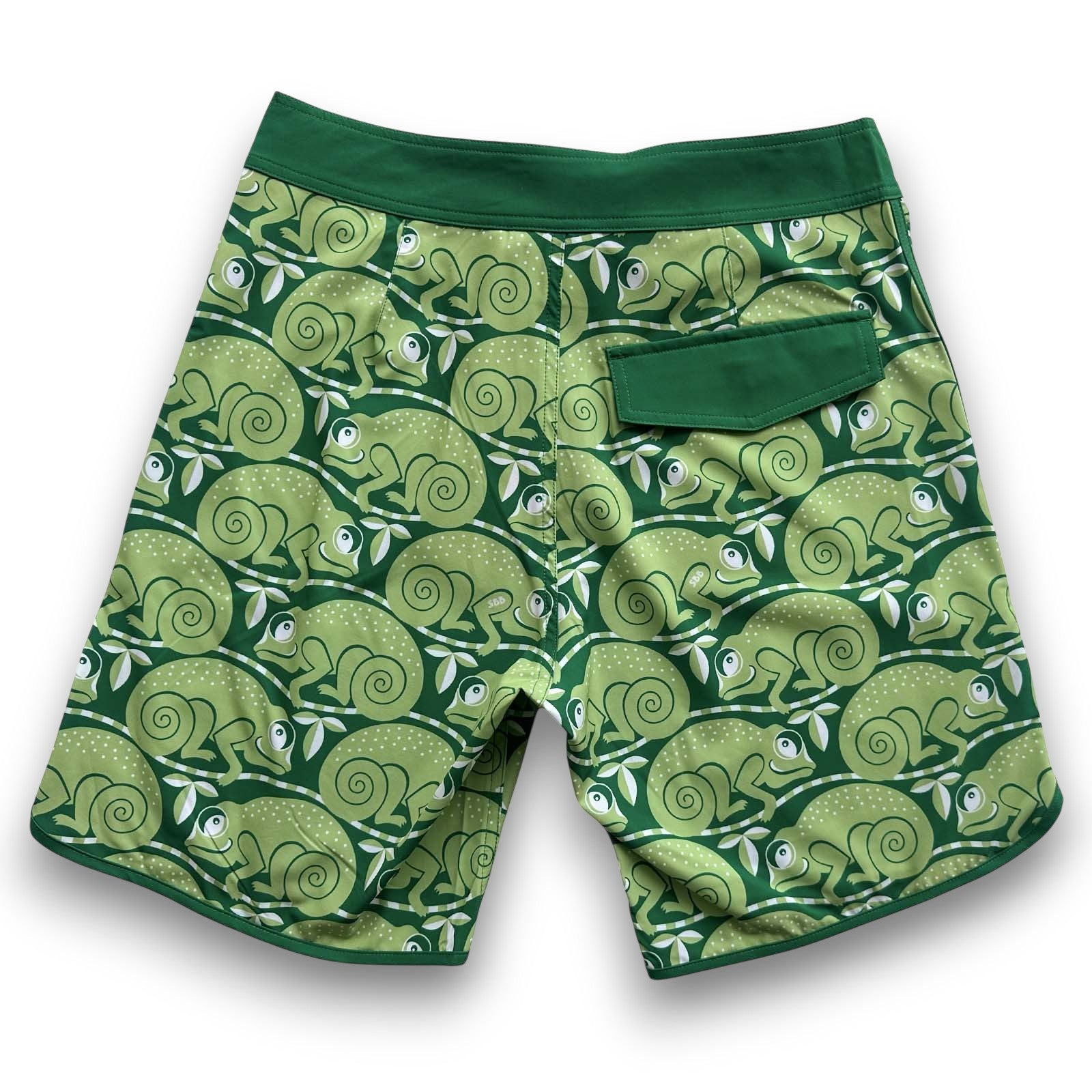 South Beach Boardies Men's Retro Piping Boardies made from recycled plastic bottles, Chameleon print, back view