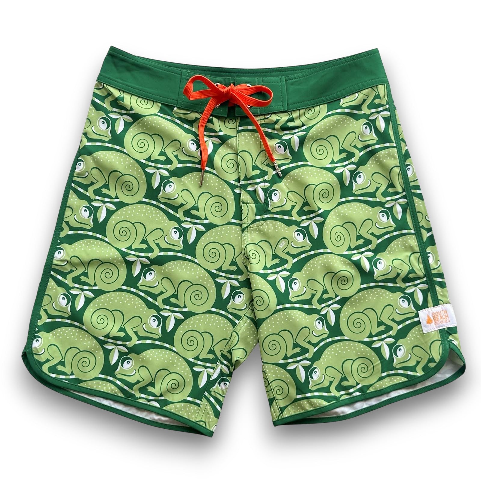 South Beach Boardies Men's Retro Piping Boardies made from recycled plastic bottles, Chameleon print, front view, orange drawsting