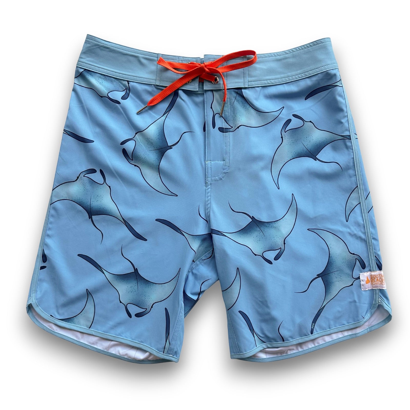 South Beach Boardies Men's Retro Piping made from recycled plastic bottles, Manta Rays print, front view, orange drawstring