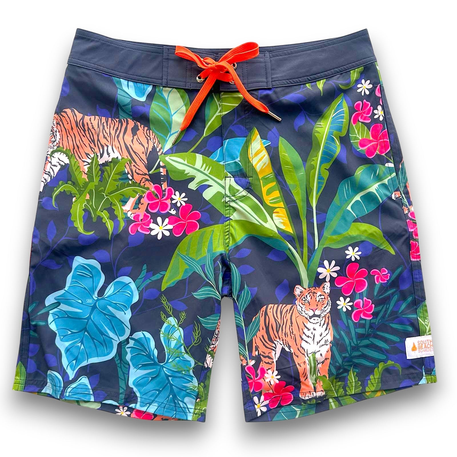 South Beach Boardies Mens Surfer Board Shorts in colourful Easy Tiger print made from recycled plastic bottles, orange drawstring, front view