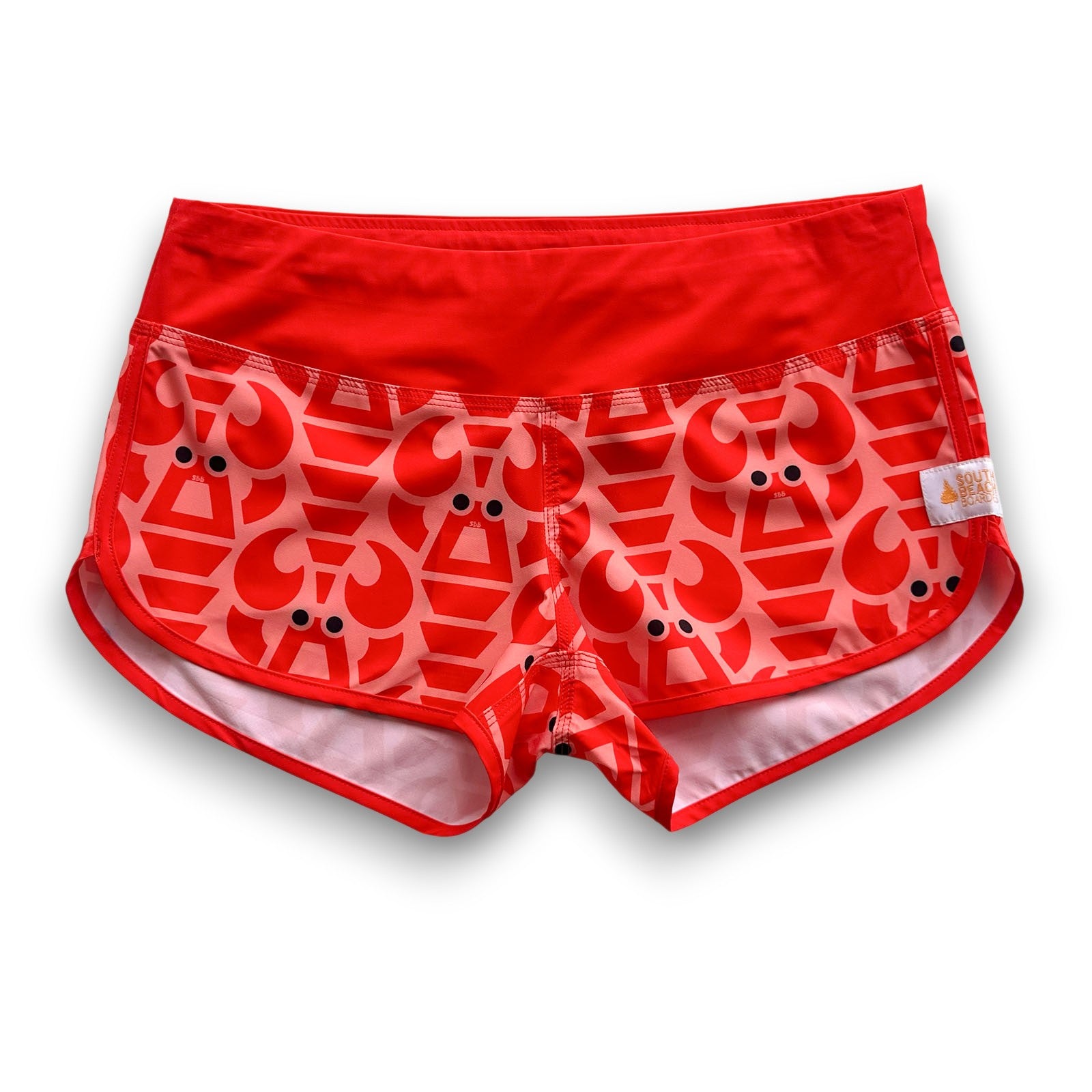 South Beach Boardies Womens Cute Butt Boardies made from recycled plastic bottles, Big Red Lobster print front view black drawstring