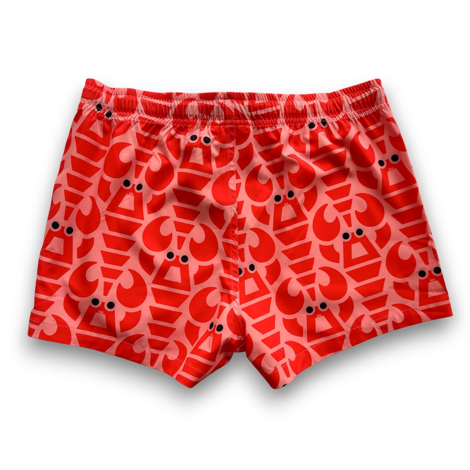 South Beach Boardies Womens Stretchy Trunks made from recycled plastic bottles, Big Red Lobster print front view black drawstring