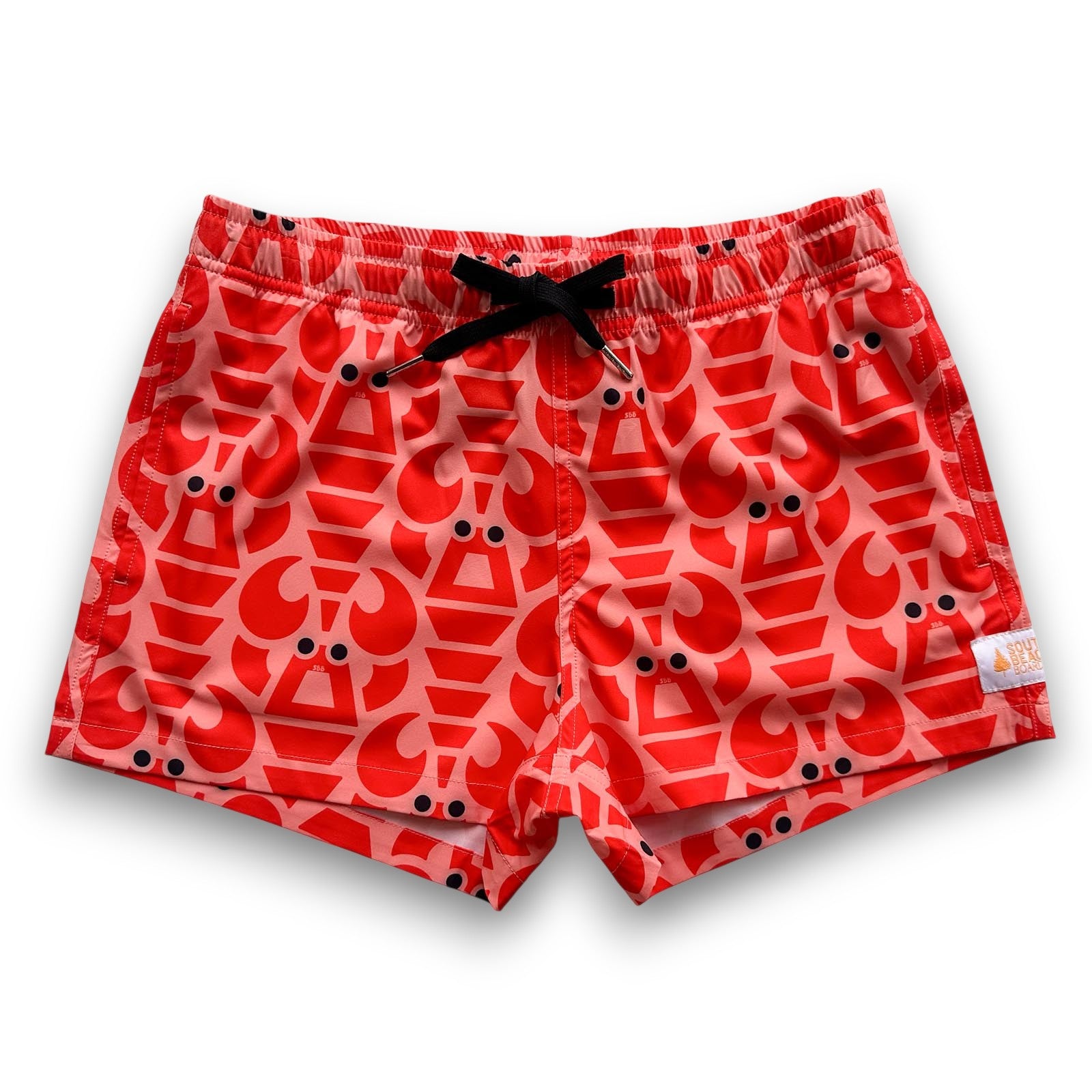 South Beach Boardies Womens Stretchy Trunks made from recycled plastic bottles, Big Red Lobster print front view front drawstring