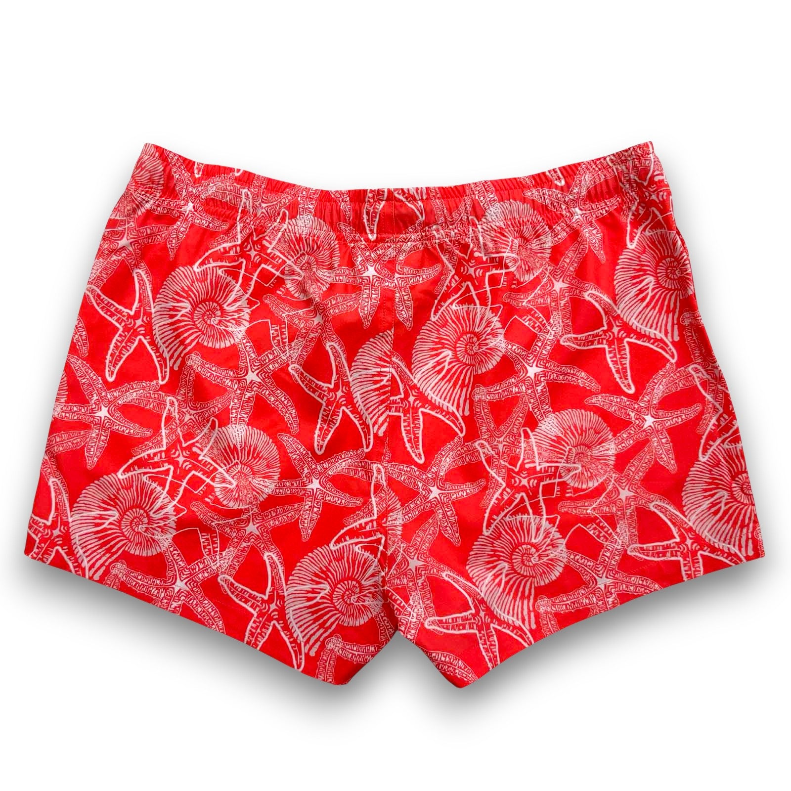 South Beach Boardies Womens Stretchy Trunks made from recycled plastic bottles, pink and white Starfish and nautilus print, back view