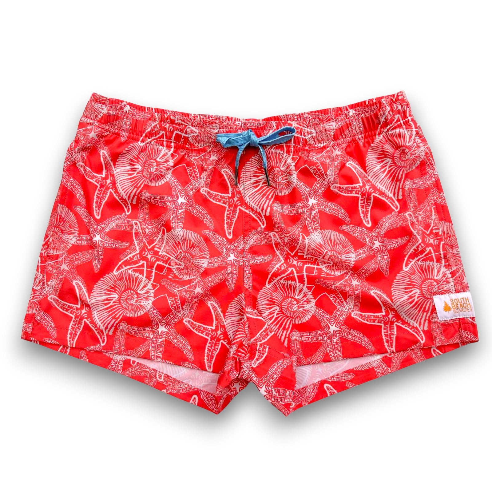 South Beach Boardies Womens Stretchy Trunks made from recycled plastic bottles, pink and white Starfish and nautilus print, front view, blue drawstring