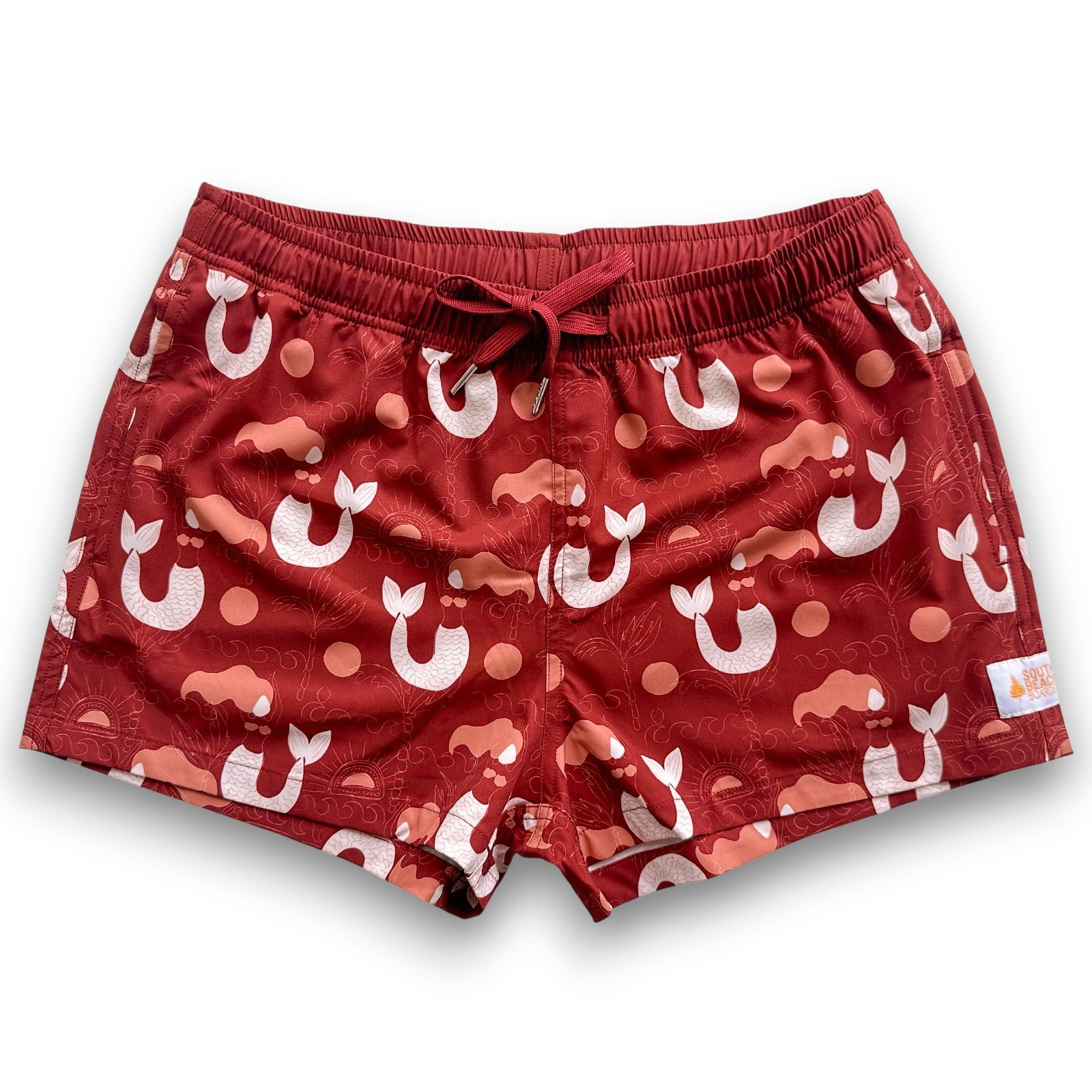 South Beach Boardies Womens Stretchy Trunks made from recycled plastic bottles, Mermaid Tails print front view