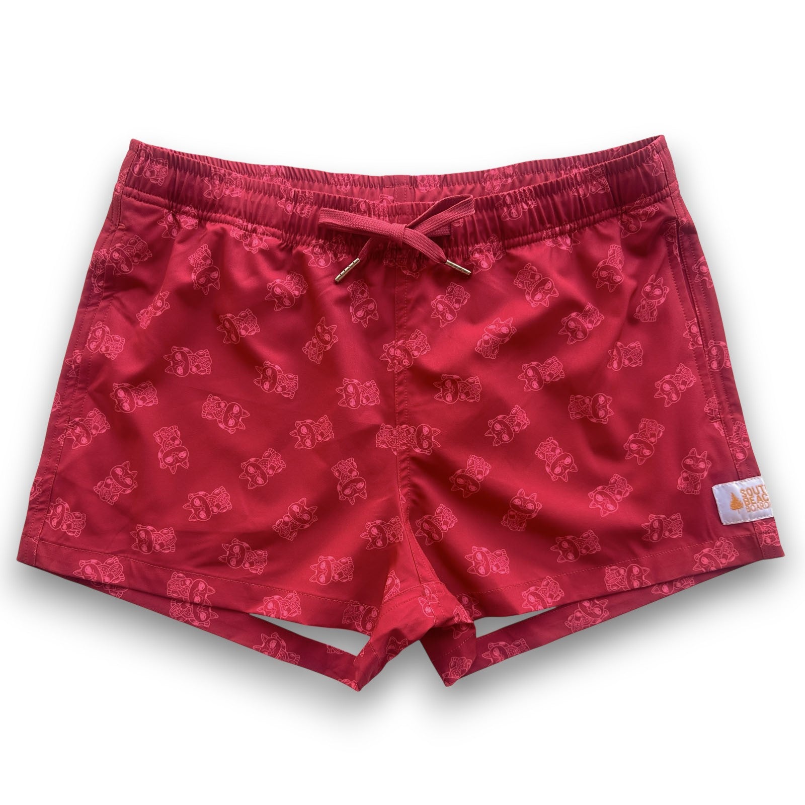 South Beach Boardies Womens Stretchy Trunks made from recycled plastic bottles, LUCKY CAT print front view