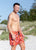 Man wears Eco-friendly South Beach Boardies Mens Retro Trunks in Garden Party made from recycled plastic bottles designed in Westeran Australia