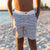 Boy wears Eco-friendly South Beach Boardies Kids Going Out Hybrid Boardies in Classic Stripe made from recycled plastic bottles designed in Western Australia, closeup
