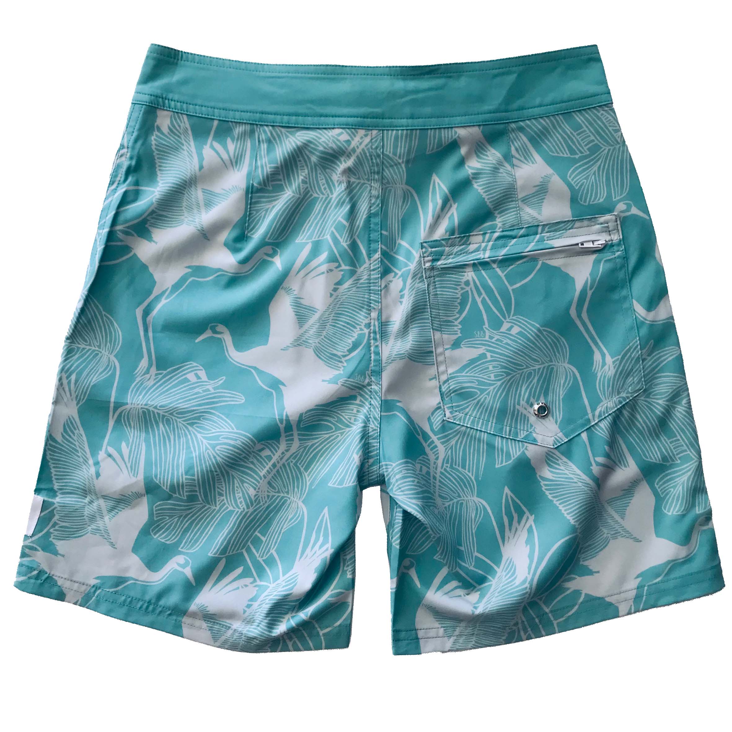 Mens Surfer Boardies from Recycled Plastic Bottles, Cranes tropical print back
