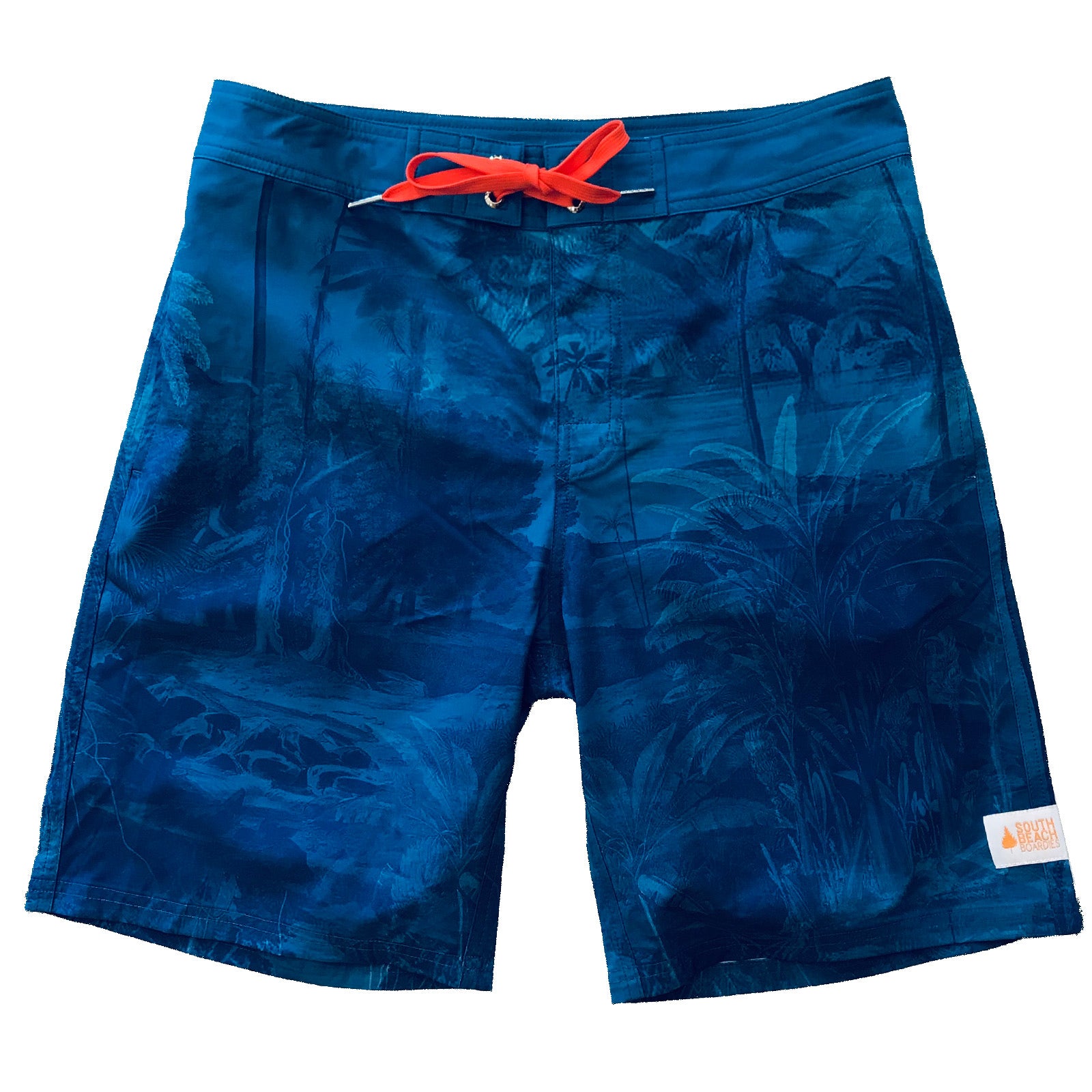 Mens Surfer Boardies from Recycled Plastic Bottles, Melaka tropical print front.