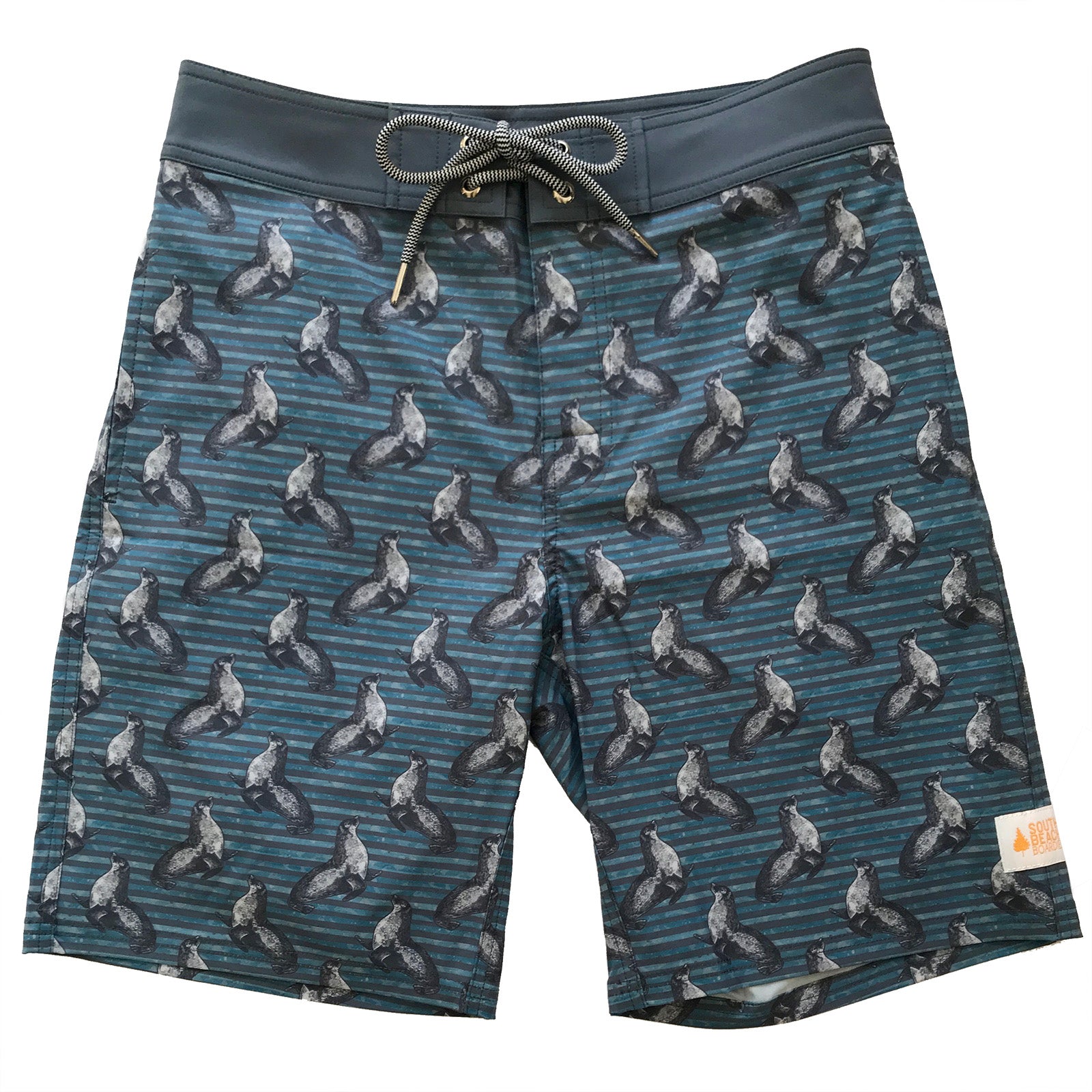 South Beach Boardies from recycled plastic bottles, Mens Surfer in Carnac, Sea Lions, front