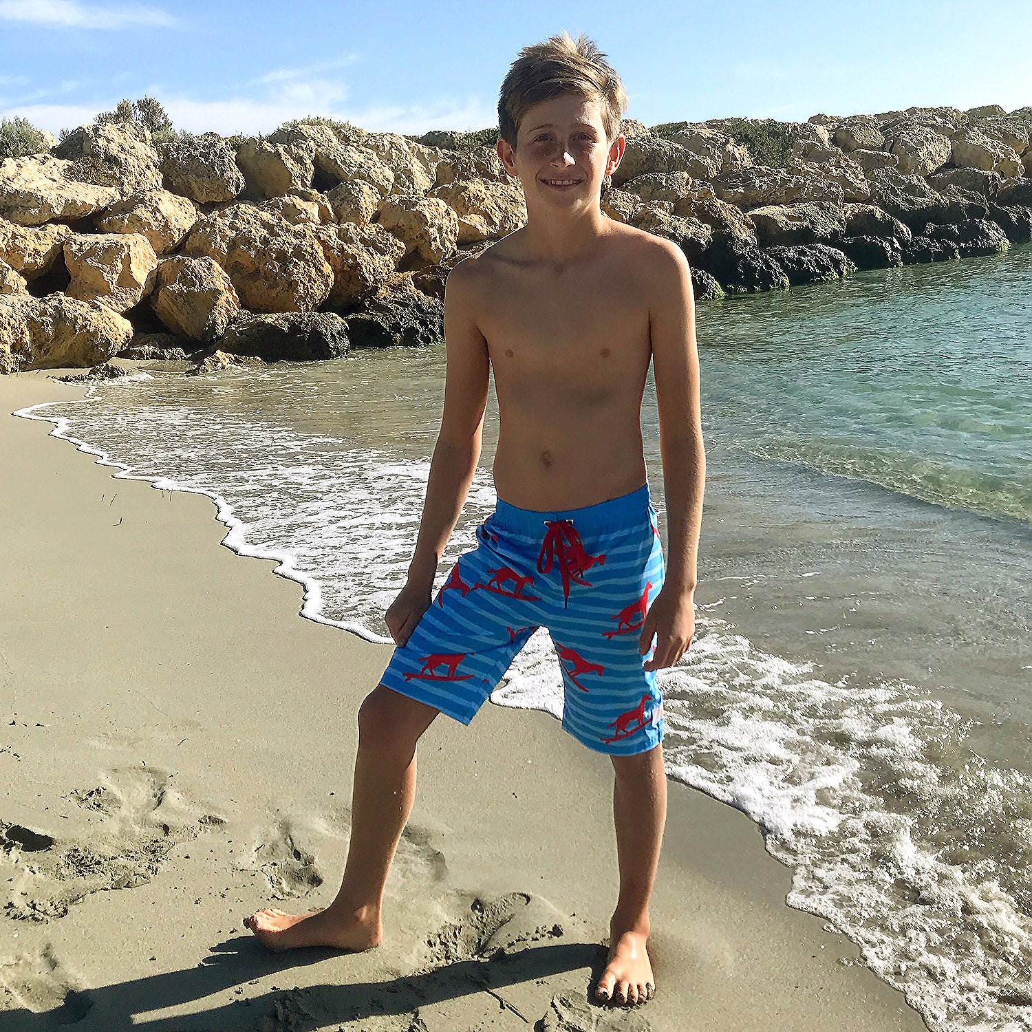 SBB Kids Long Boardies Dingo, made from recycled plastic bottles, front full length.