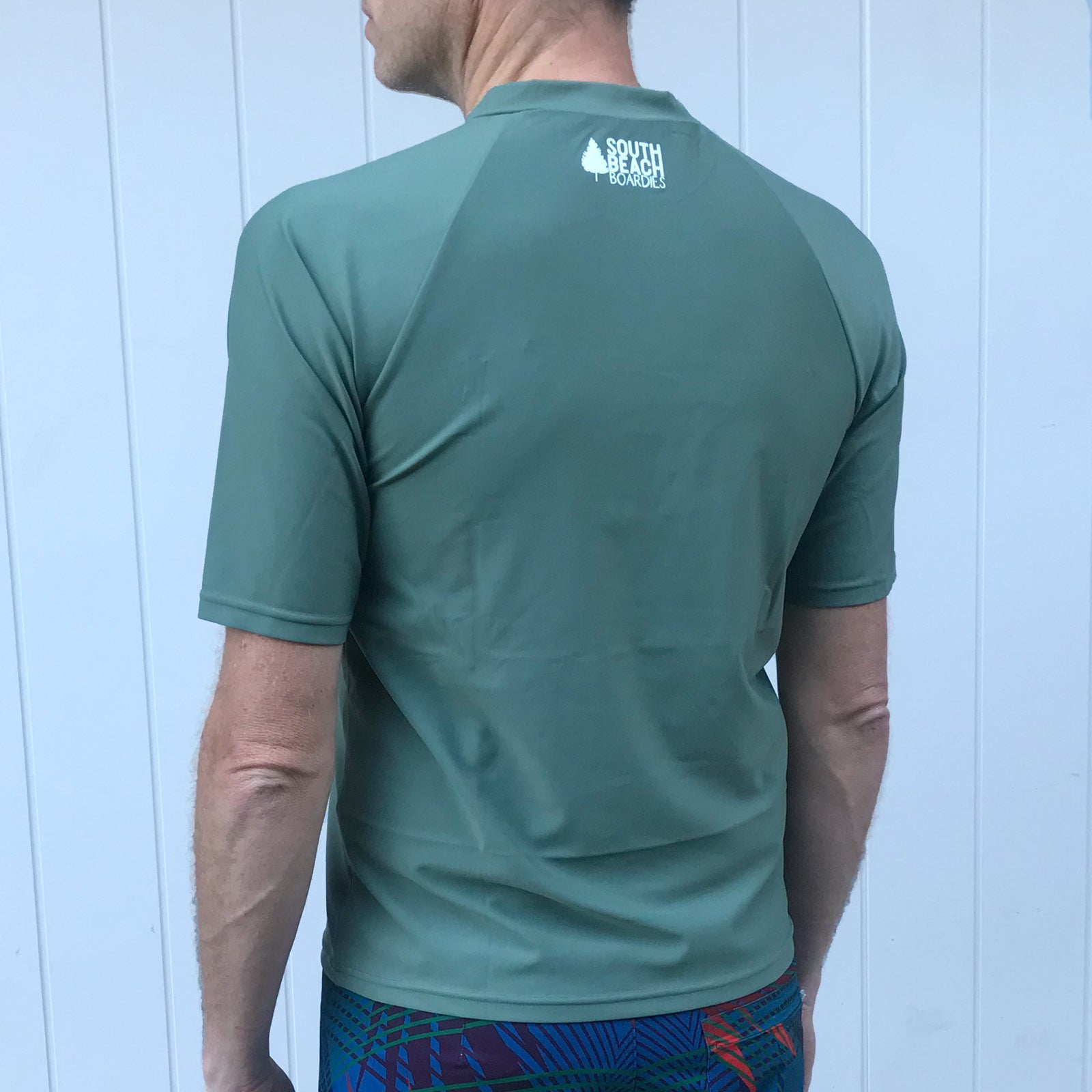SOUTH BEACH BOARDIES MENS RECYCLED RASHIE, ARMY, BACK